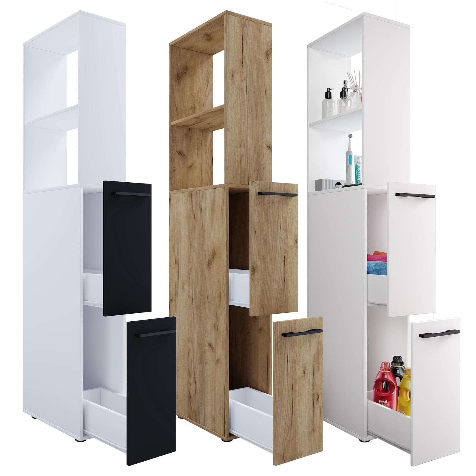 VCM Hochschrank Sadilo XL Nischenschrank Schwarz Weiß Badmöbel