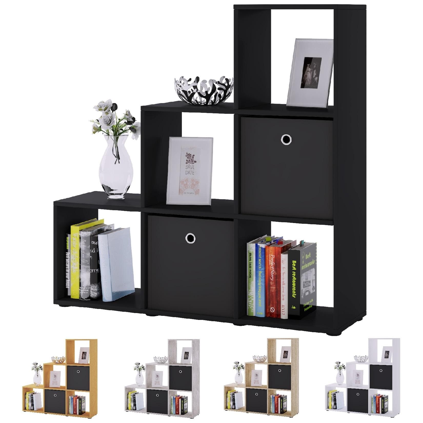 VCM Standregal Nitas Schwarz 6 Fächer Holzstruktur