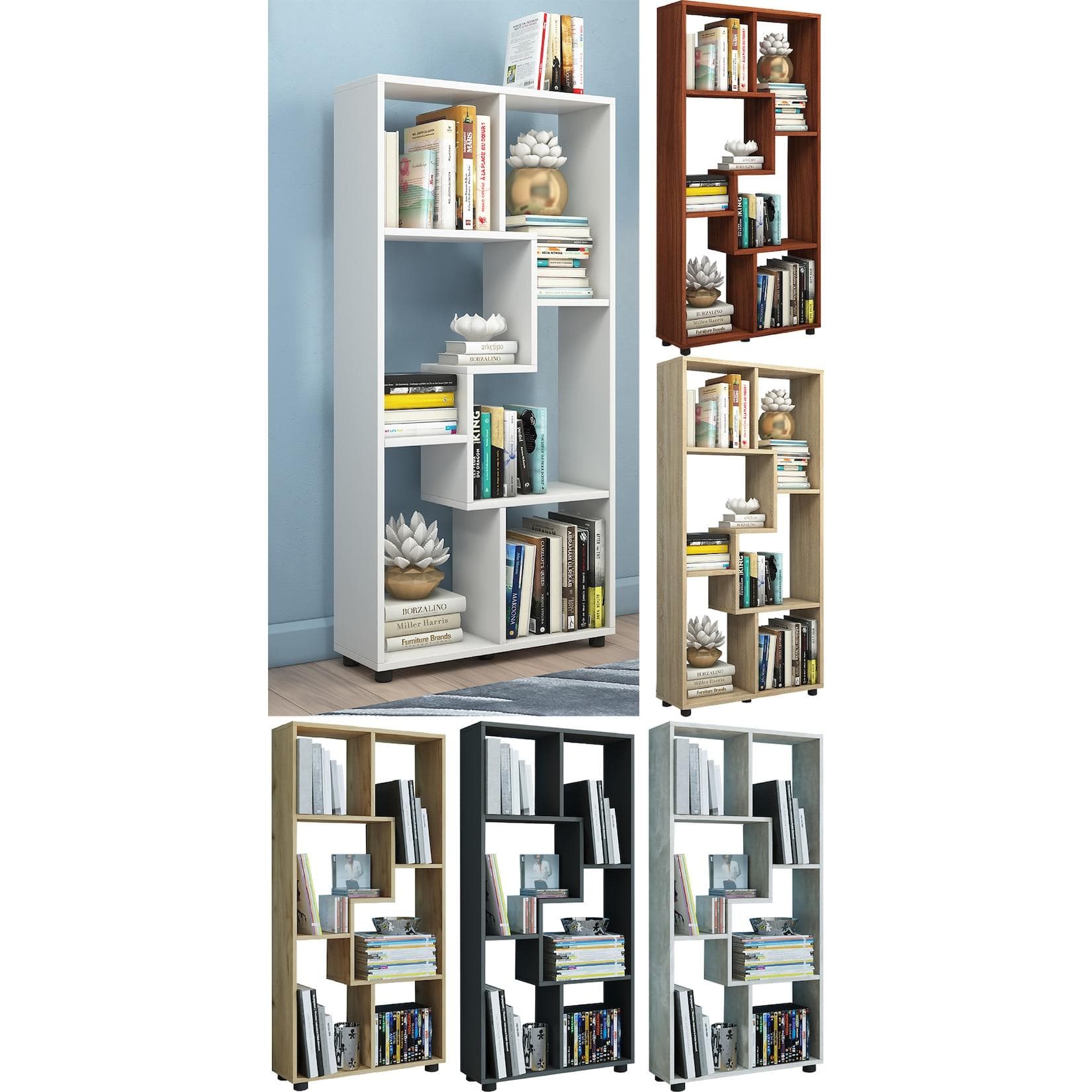 VCM Standregal Blina Schwarz 6 Fächer Holzstruktur