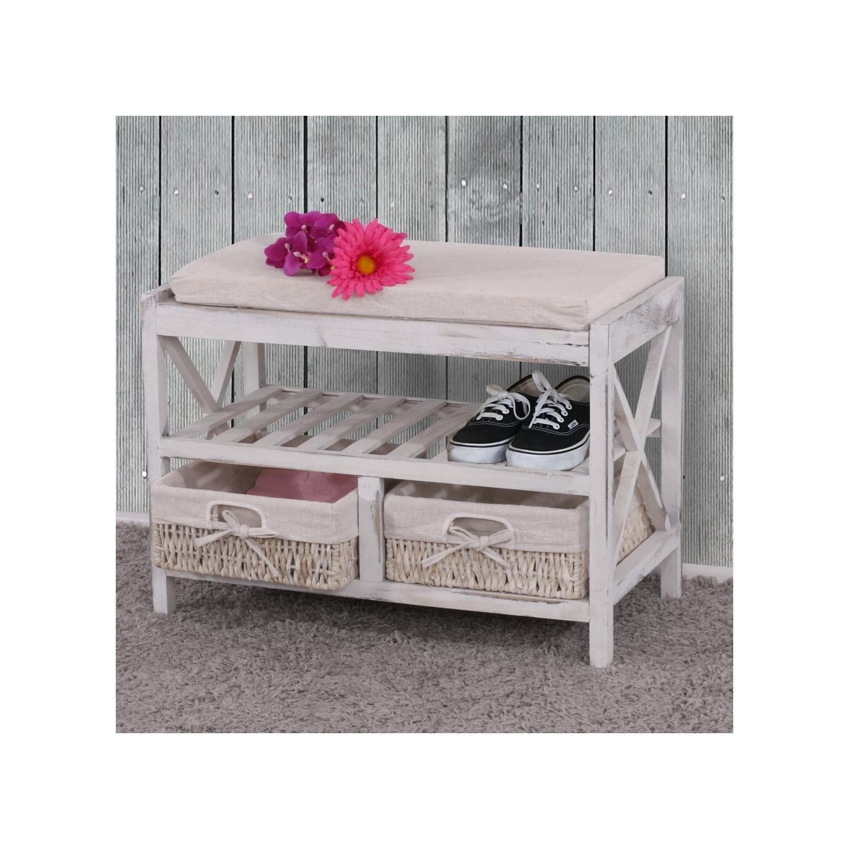 Waschbares Schuhregal mit 2 Körben und Sitzkissen