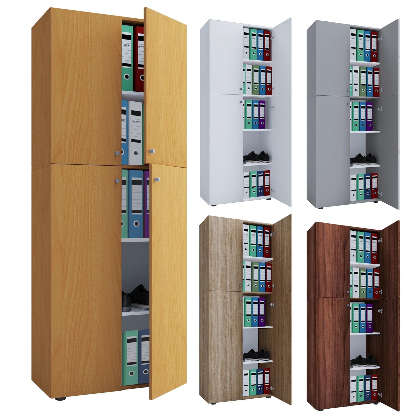 Büroschrank mit Flügeltüren und Knopfgriffen - 5 Fächer für Ordner und Bücher