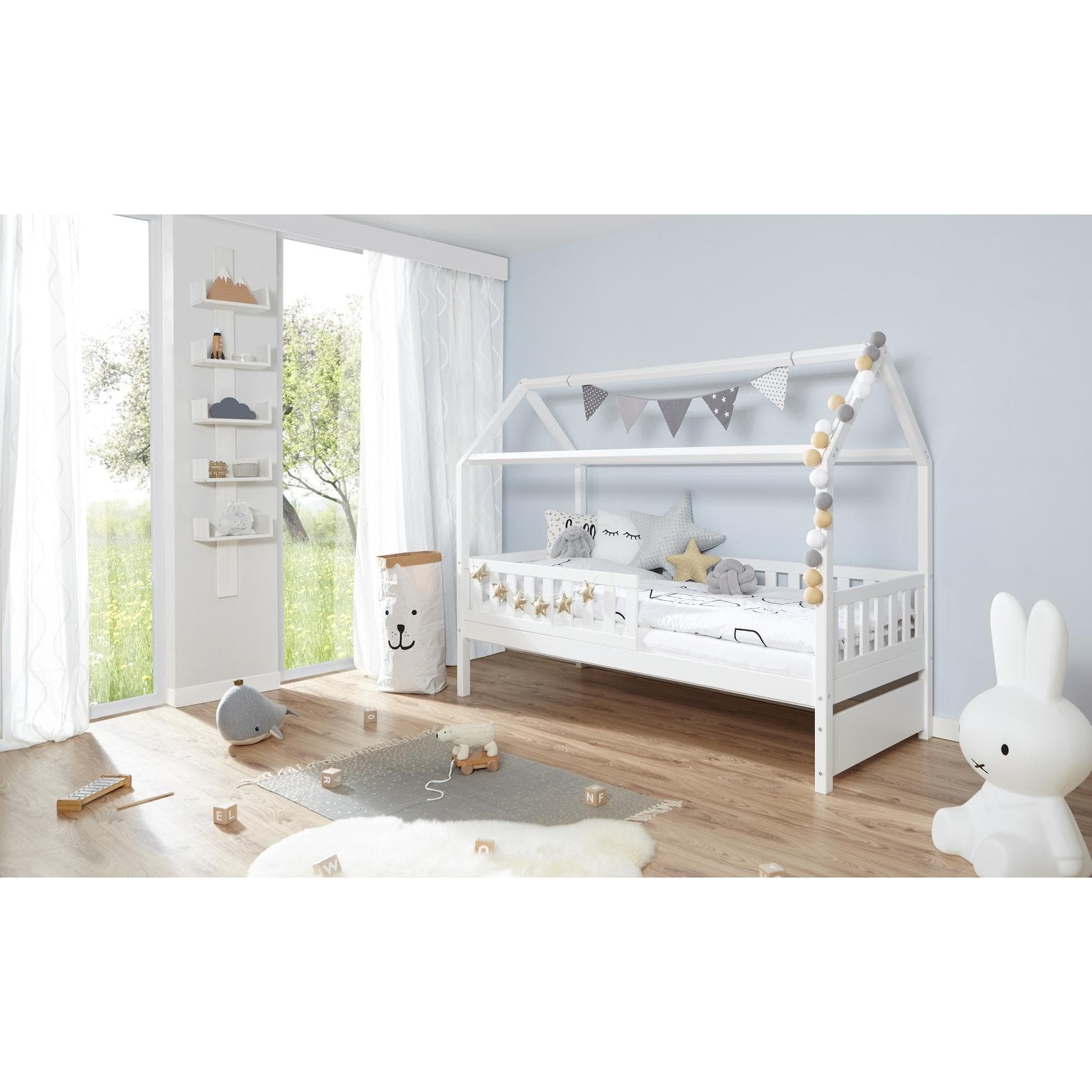 TiCAA Hausbett Traumhaus Kiefer Weiß Kinderzimmer