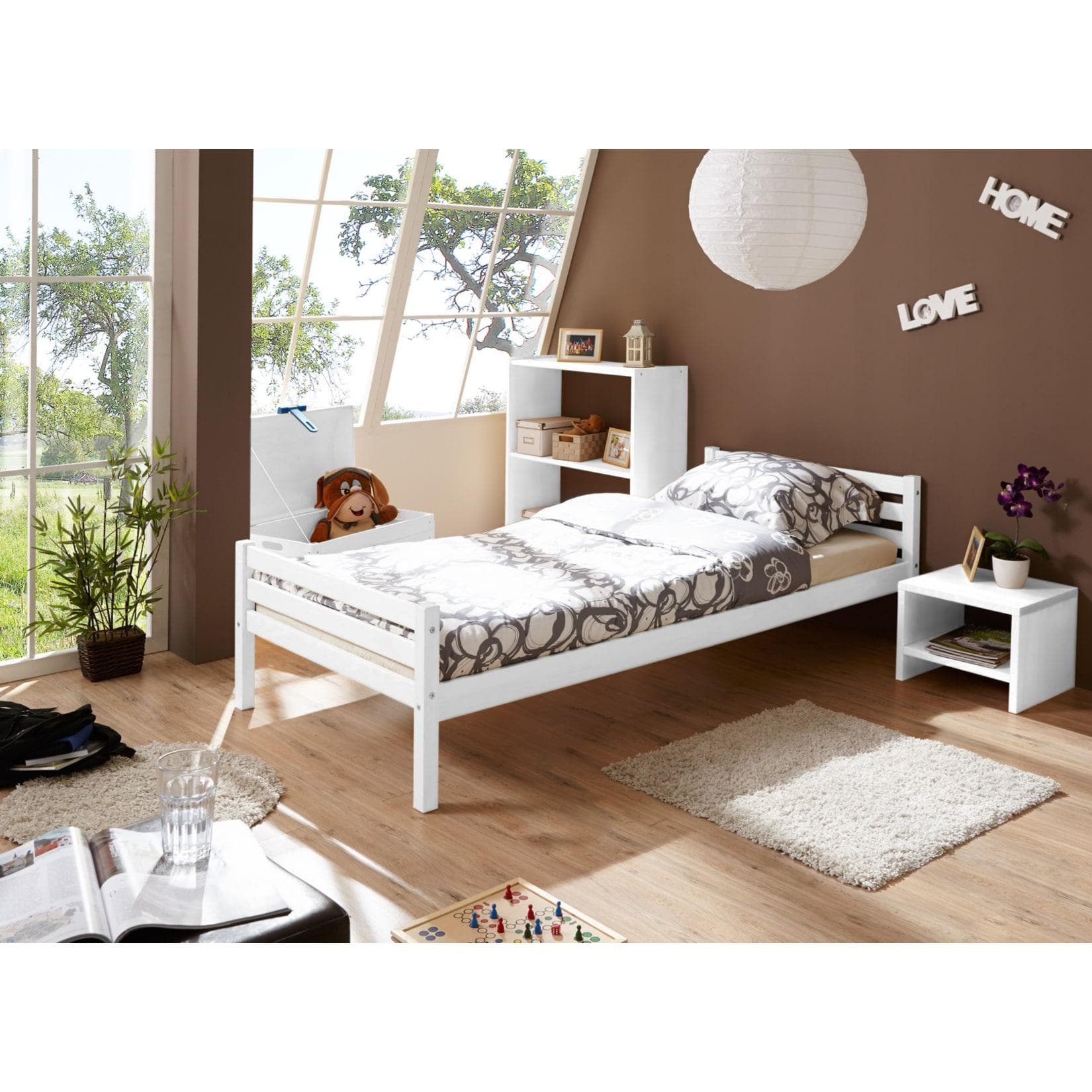 Einzelbett aus Kiefernholz, Weiß, Schlicht und Elegant