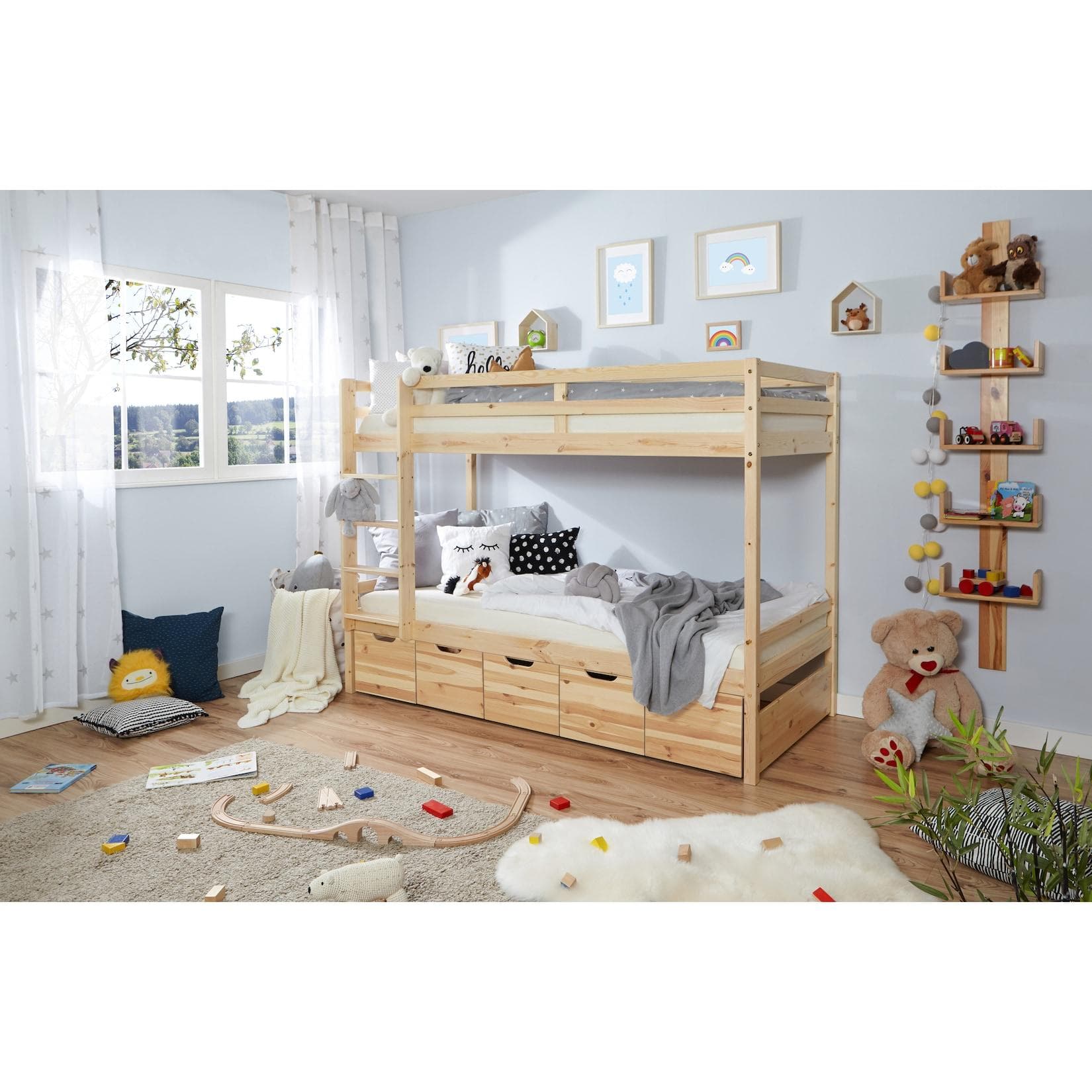 Etagenbett aus Naturholz mit 5 Schubladen