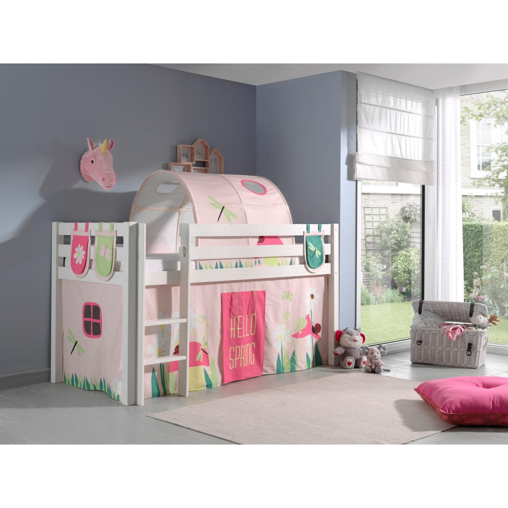 Vipack Spielbett Pino Kiefer massiv weiß mit Vorhang Tunnel Taschen