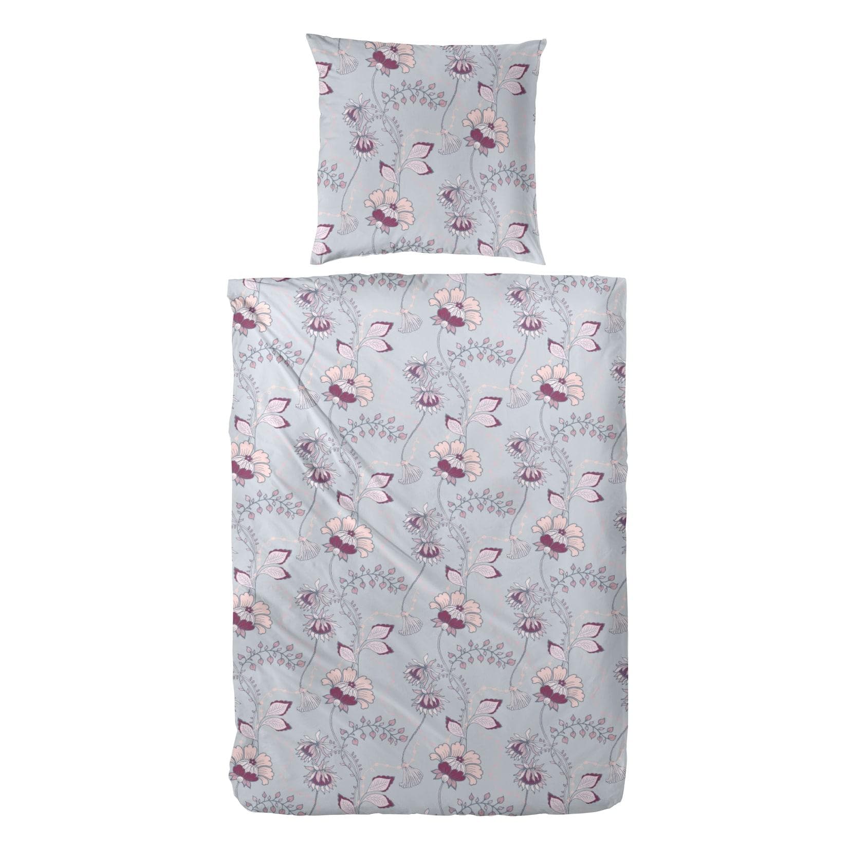 Vario Feinbiber Bettwäsche grau-rosa Blumenmuster