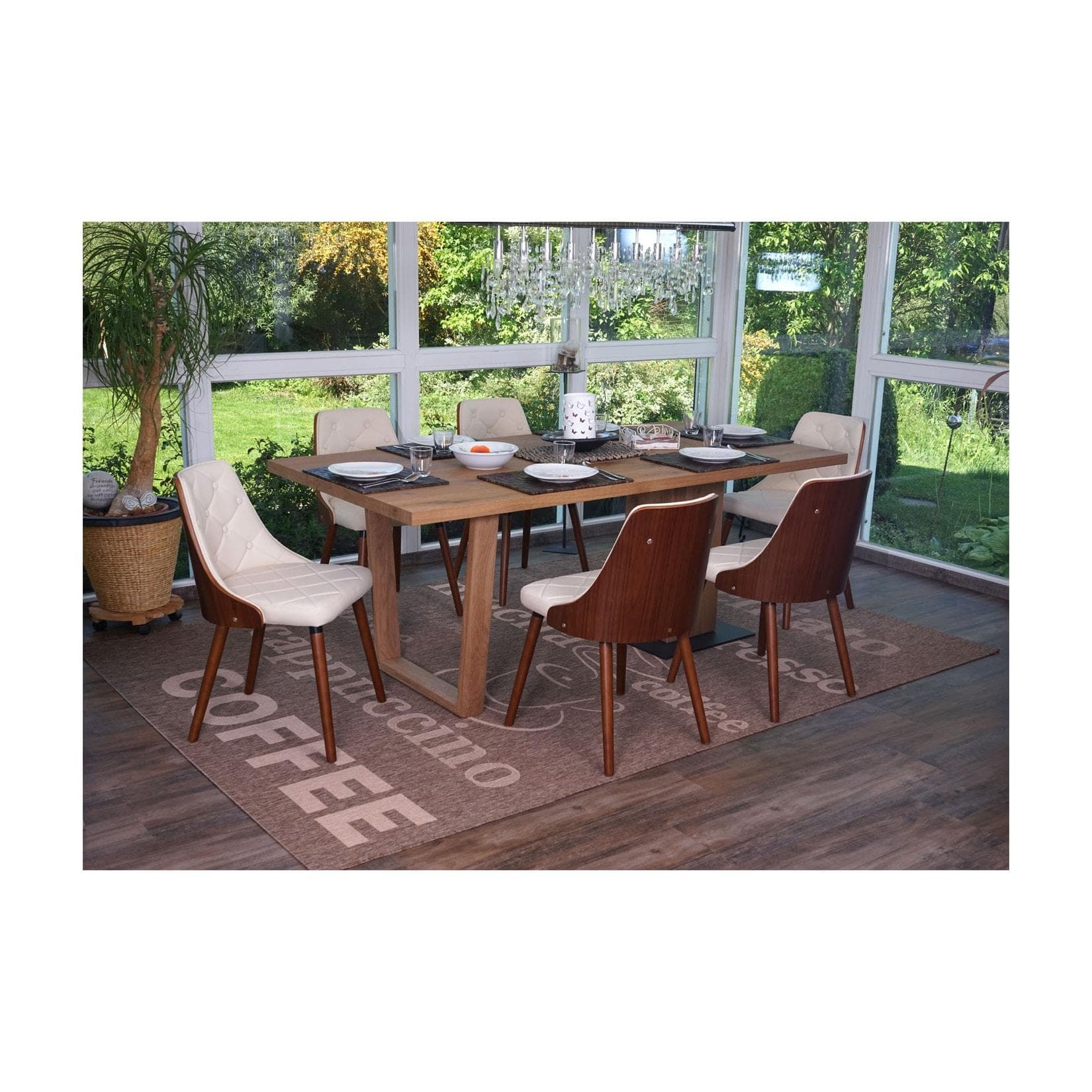 MCW 6er-Set Esszimmerstuhl Walnuss-Optik Bugholz Kunstleder Creme
