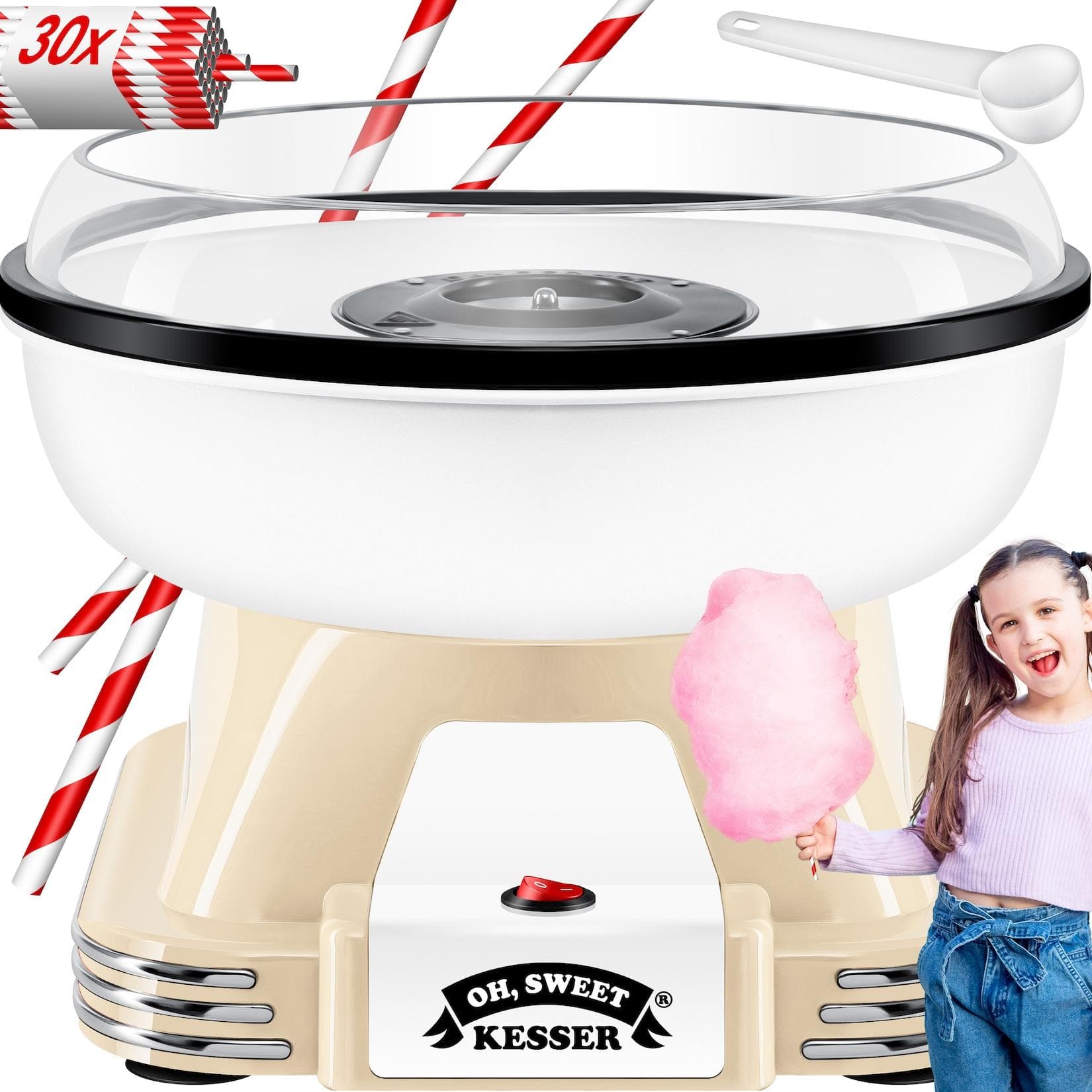 KESSER Zuckerwattemaschine Set für dein Zuhause - Mit 30x Zuckerwatte Stäbchen & Messlöffel - Retro Cotton Candy Maschine