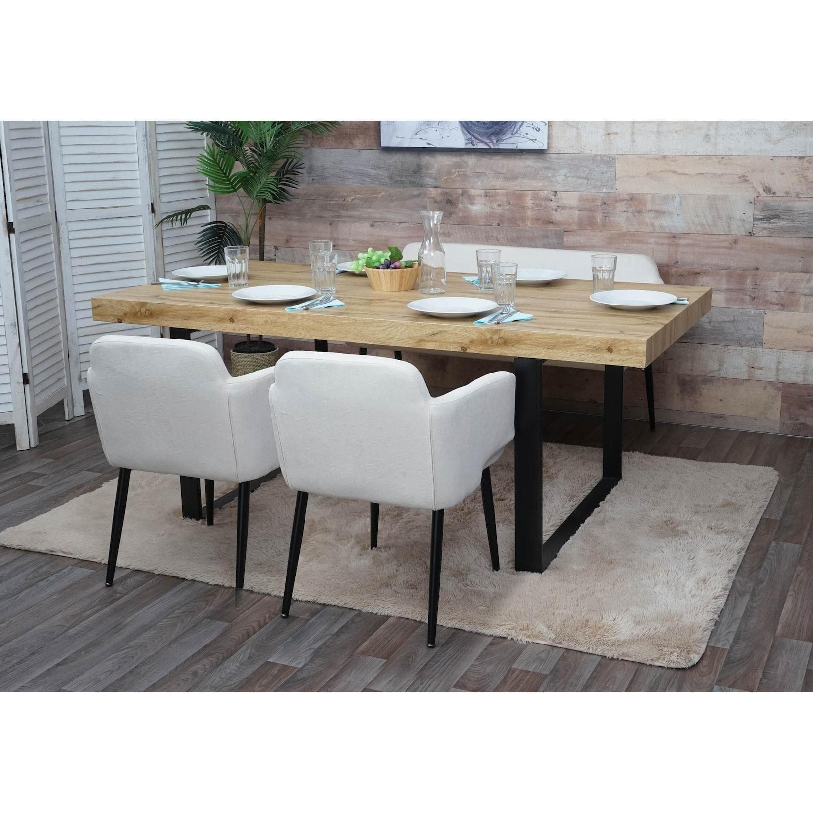 MCW Esszimmer-Set MCW-L13, 2 Stühle + Sitzbank, Stoff creme-weiß
