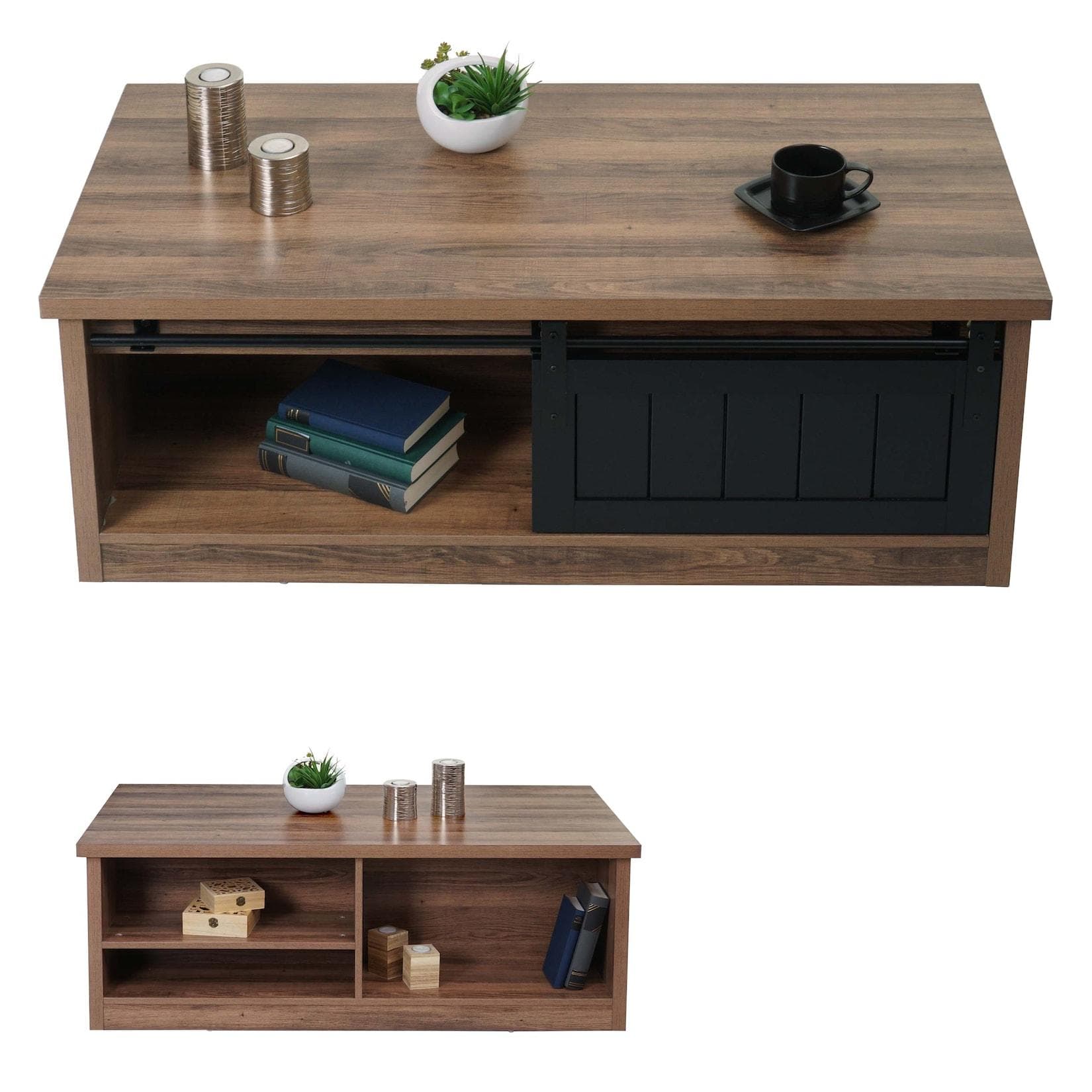 MCW Couchtisch K75 mit Schiebetüre 6 Staufächern Braun Holz-Optik Metall
