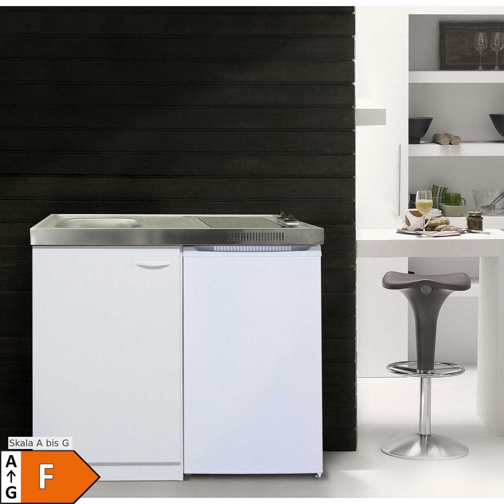 Respekta Miniküche MK100WCSV 100 cm Weiß mit Glaskeramik-Kochfeld und Unterbaukühlschrank
