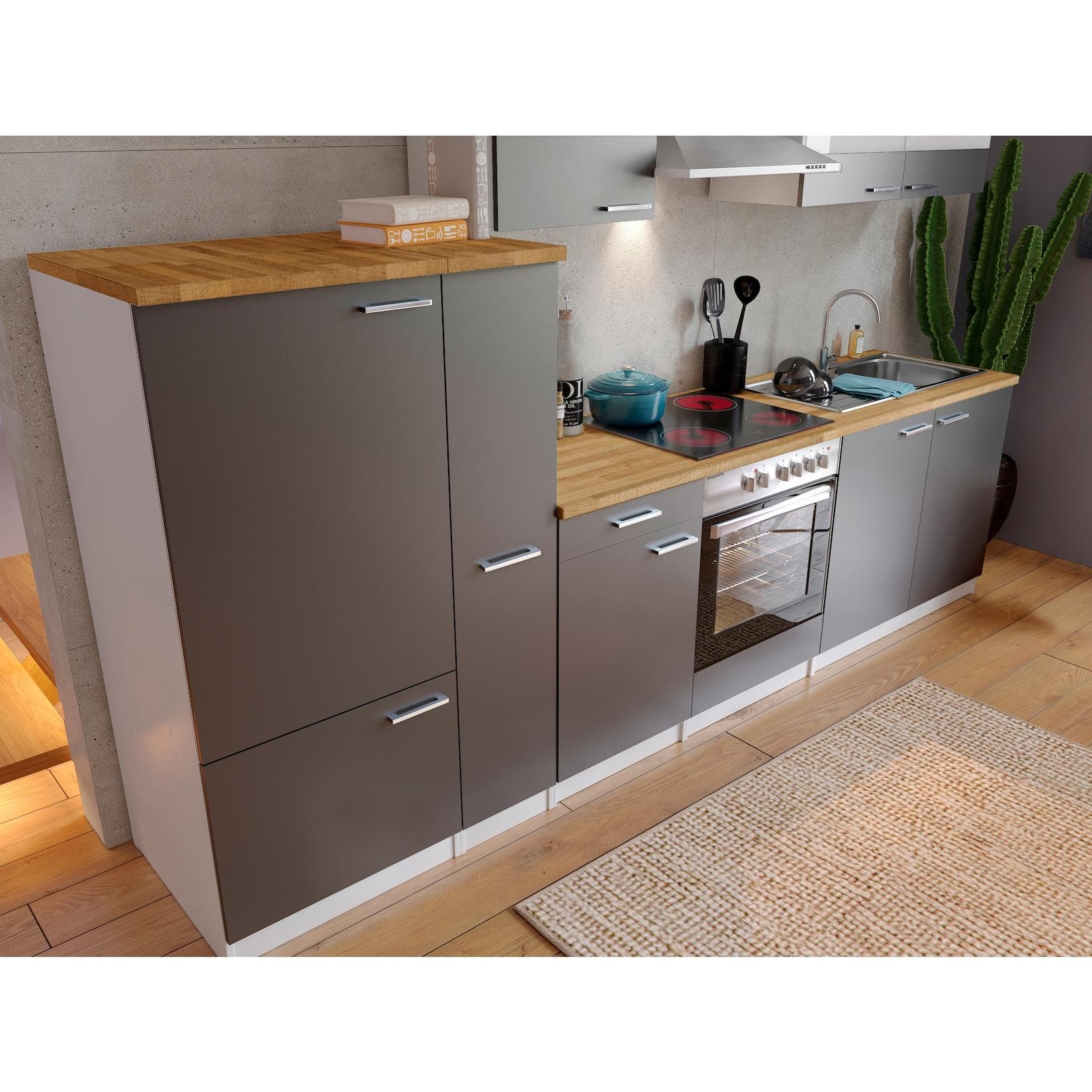 Respekta Küchenzeile KB300WGC 300 cm Weiß Grau