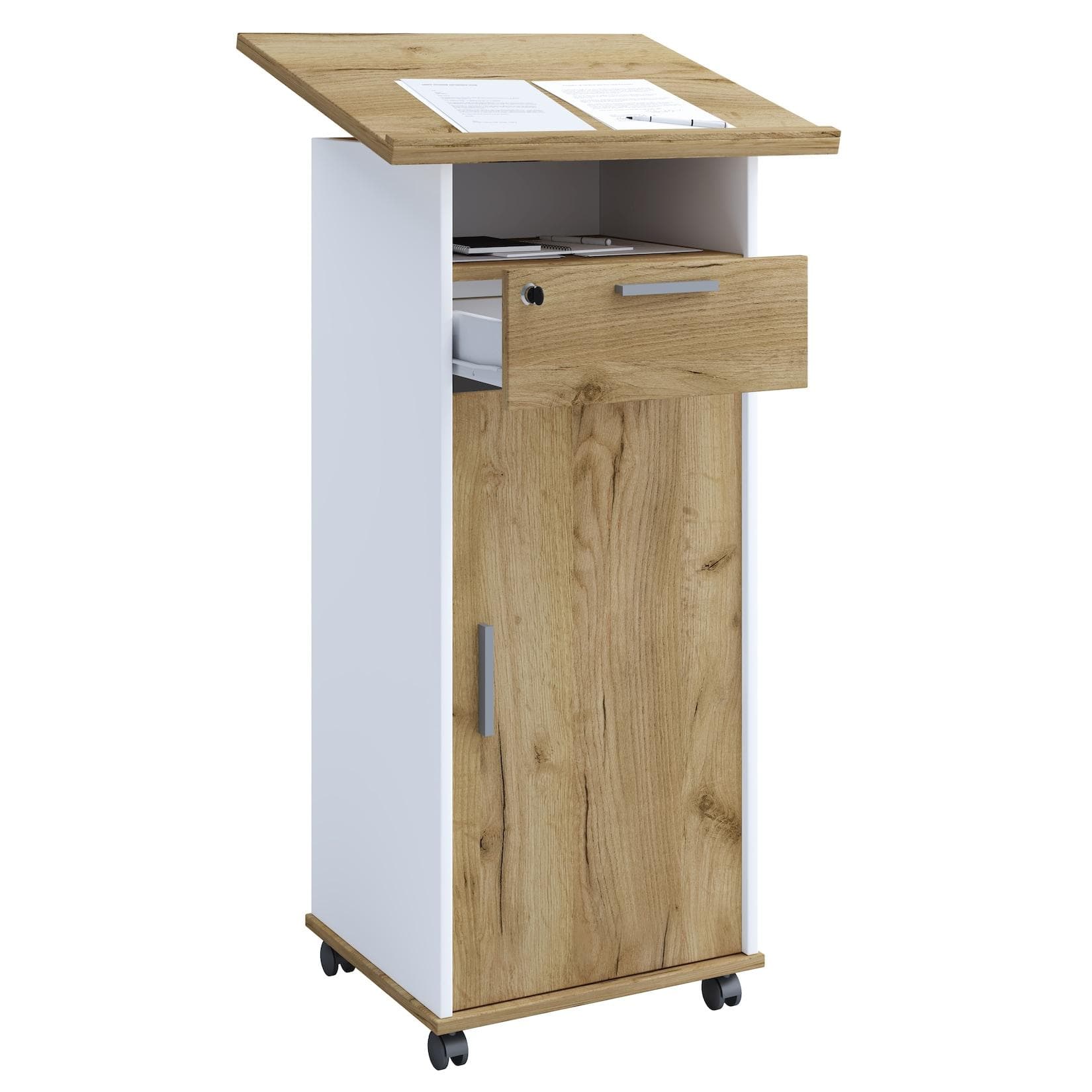 Stehpult aus Holz mit Rollen