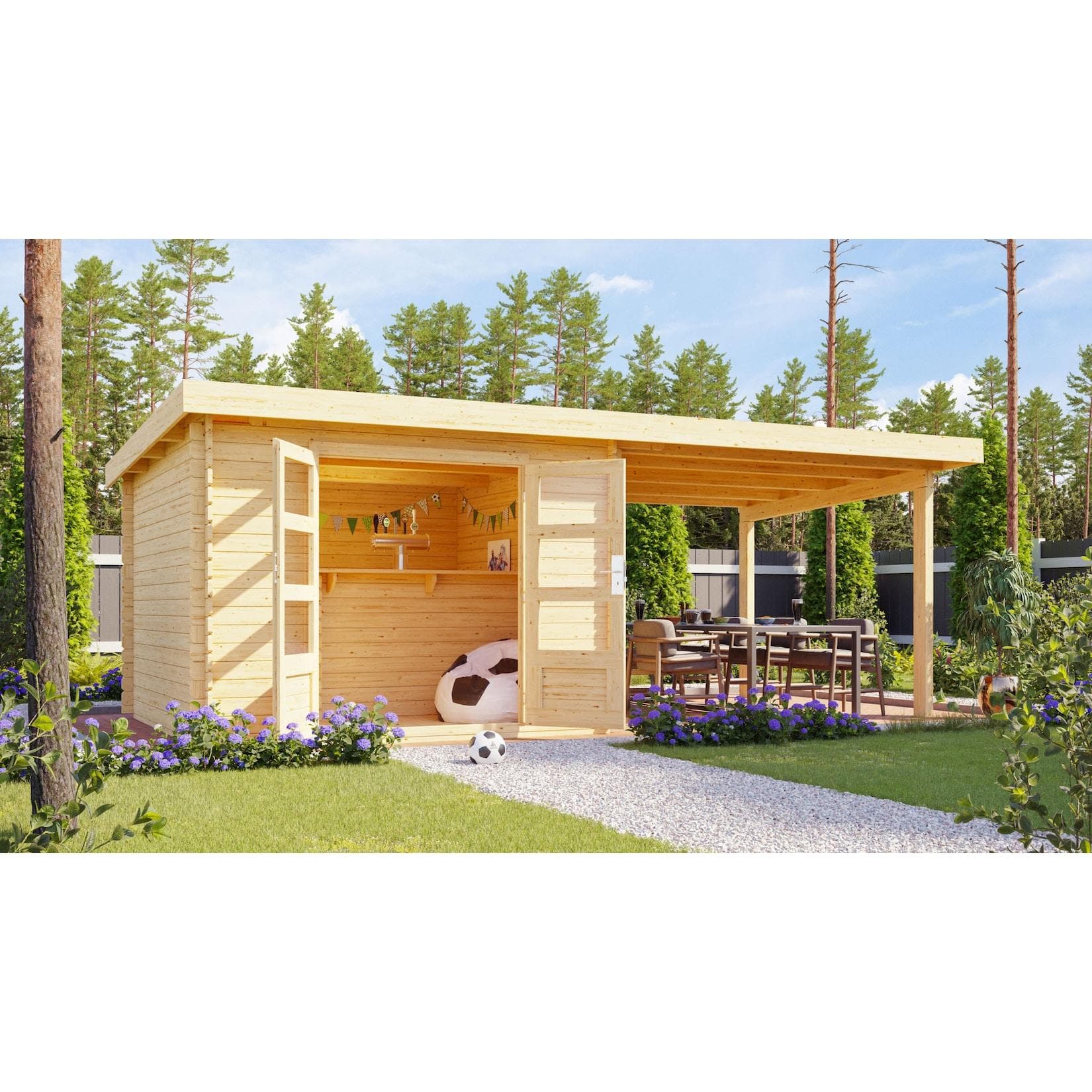 Karibu Gartenhaus San Antonio mit Anbaudach beidseitig anbringbar und Fußboden im Set