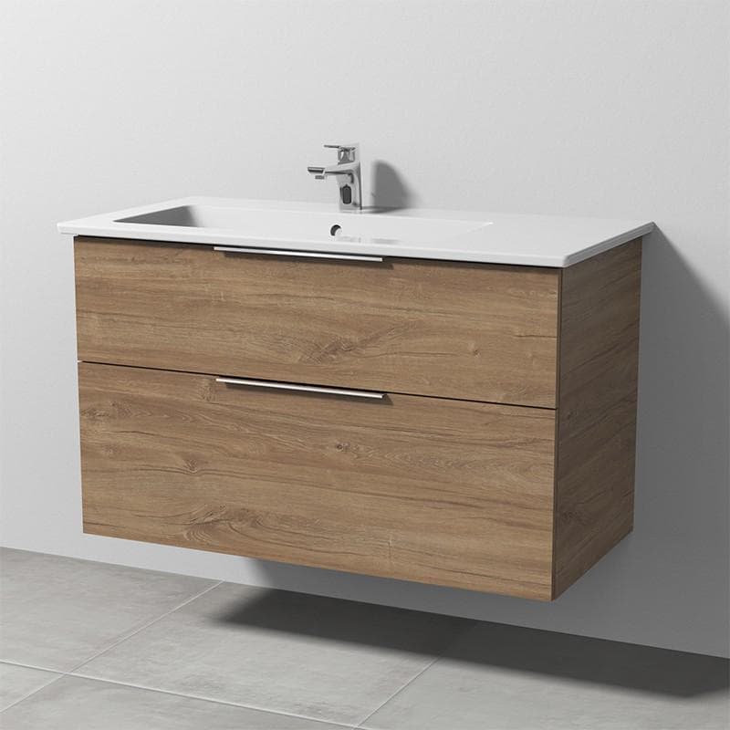 Modernes Waschtisch-Set aus Keramik und Eiche