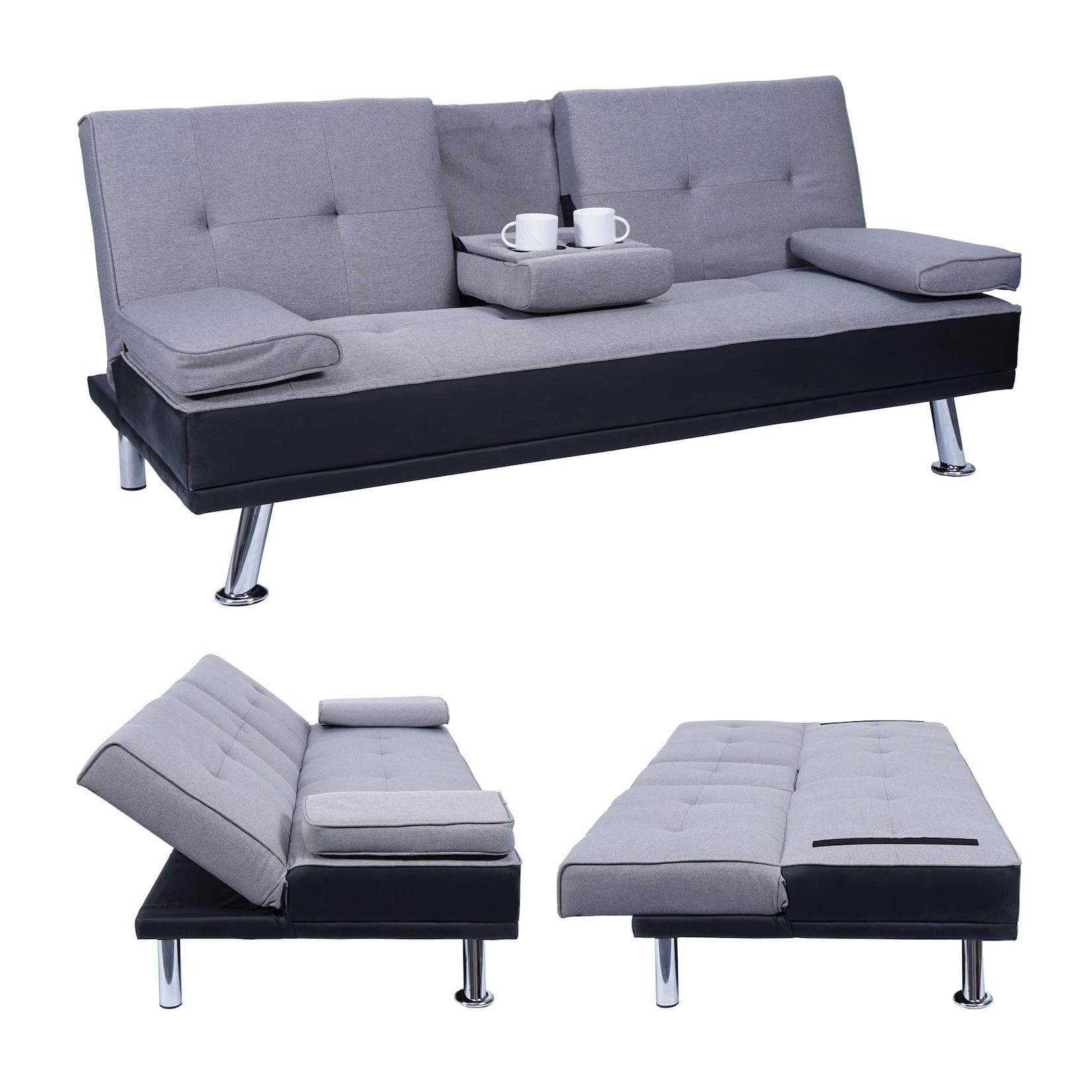 3er-Sofa MCW-F60 Couch Schlafsofa Gästebett Kunstleder/Textil Schwarz/Hellgrau