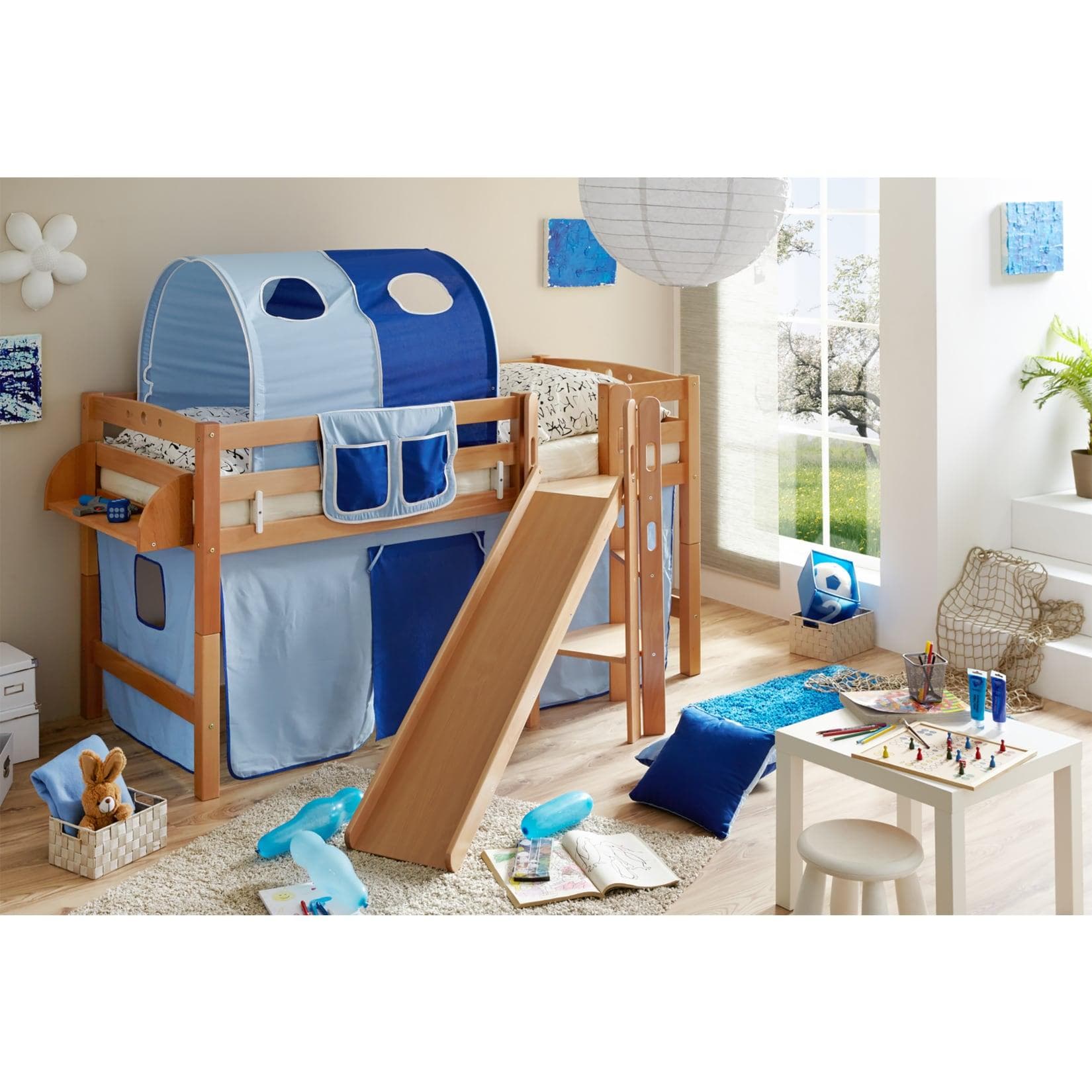 TiCAA Hochbett mit Rutsche Podestbett Tino Buche Natur Classic