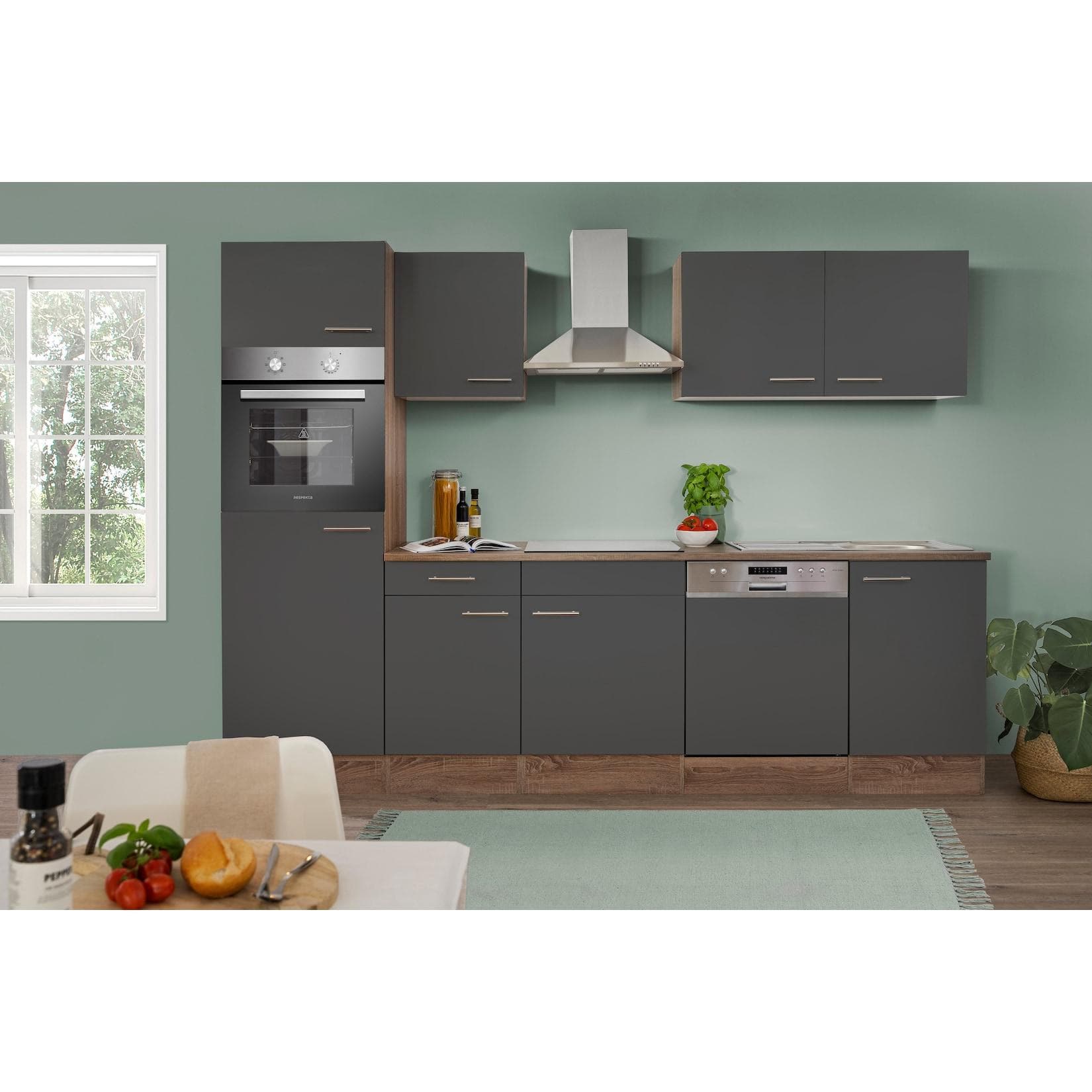 Respekta Küchenprogramm Eiche York Küchenzeile 280 cm inkl. E-Geräte & Mineralite Einbauspüle, grau