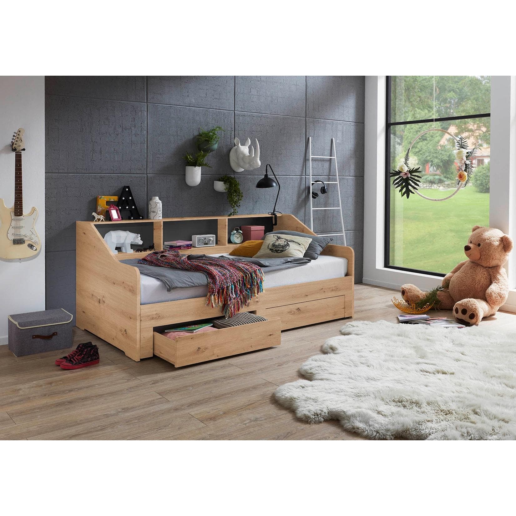 Funktionsbett mit Stauraum und Ausziehfunktion | Eiche Artisan