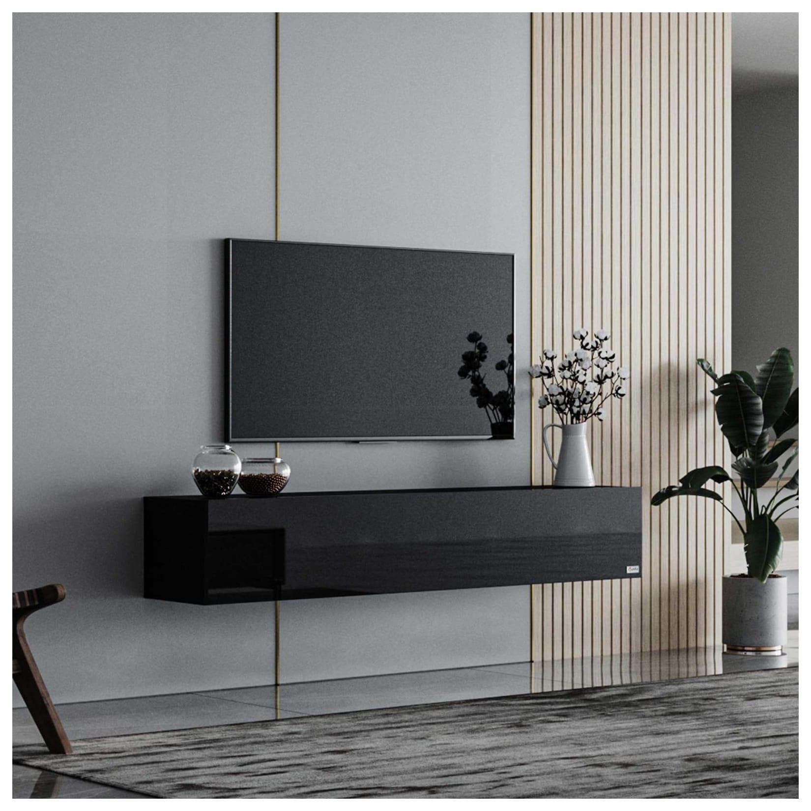 Makika TV Lowboard Fernsehtisch Schwarz Hochglanz Wandmontage