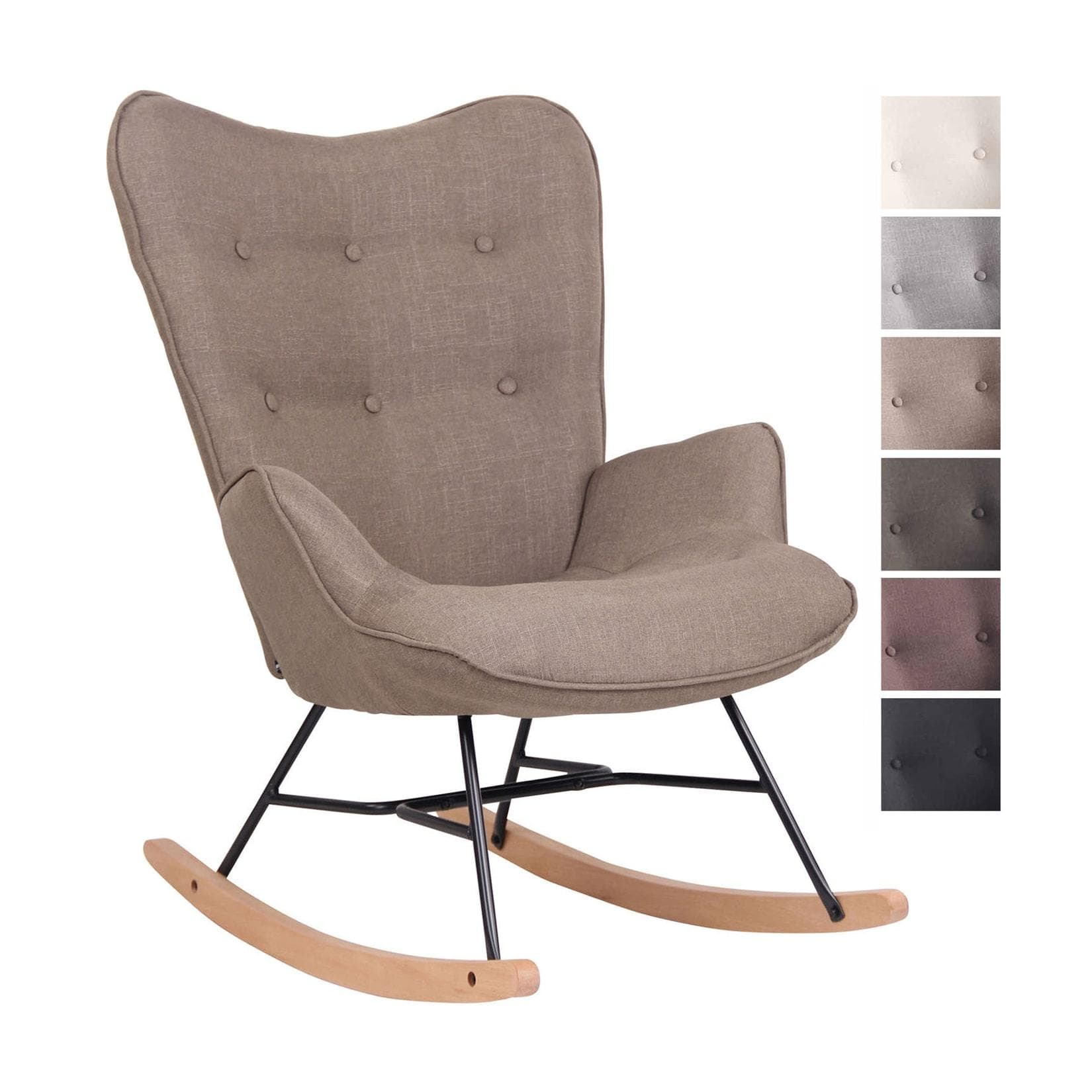 Gemütlicher Schaukelstuhl aus Stoff mit Holz- und Metalldetails