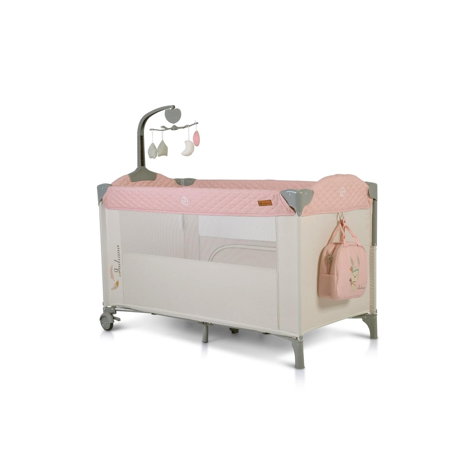 Cangaroo Reisebett Indiana Laufstall 2 Ebenen Matratze Wickeltasche Räder Rosa