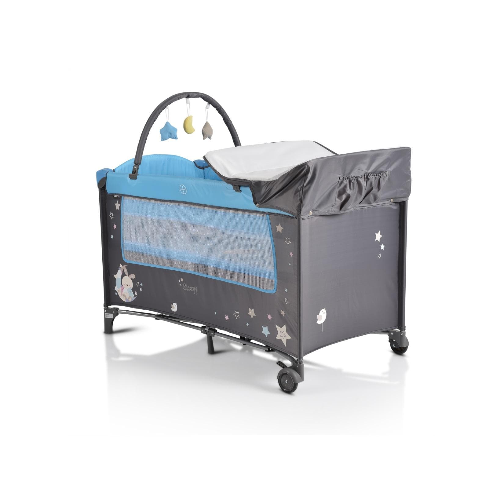 Moni Reisebett Sleepy Grau-Blau mit Rollen, Wickelauflage & Spielbogen