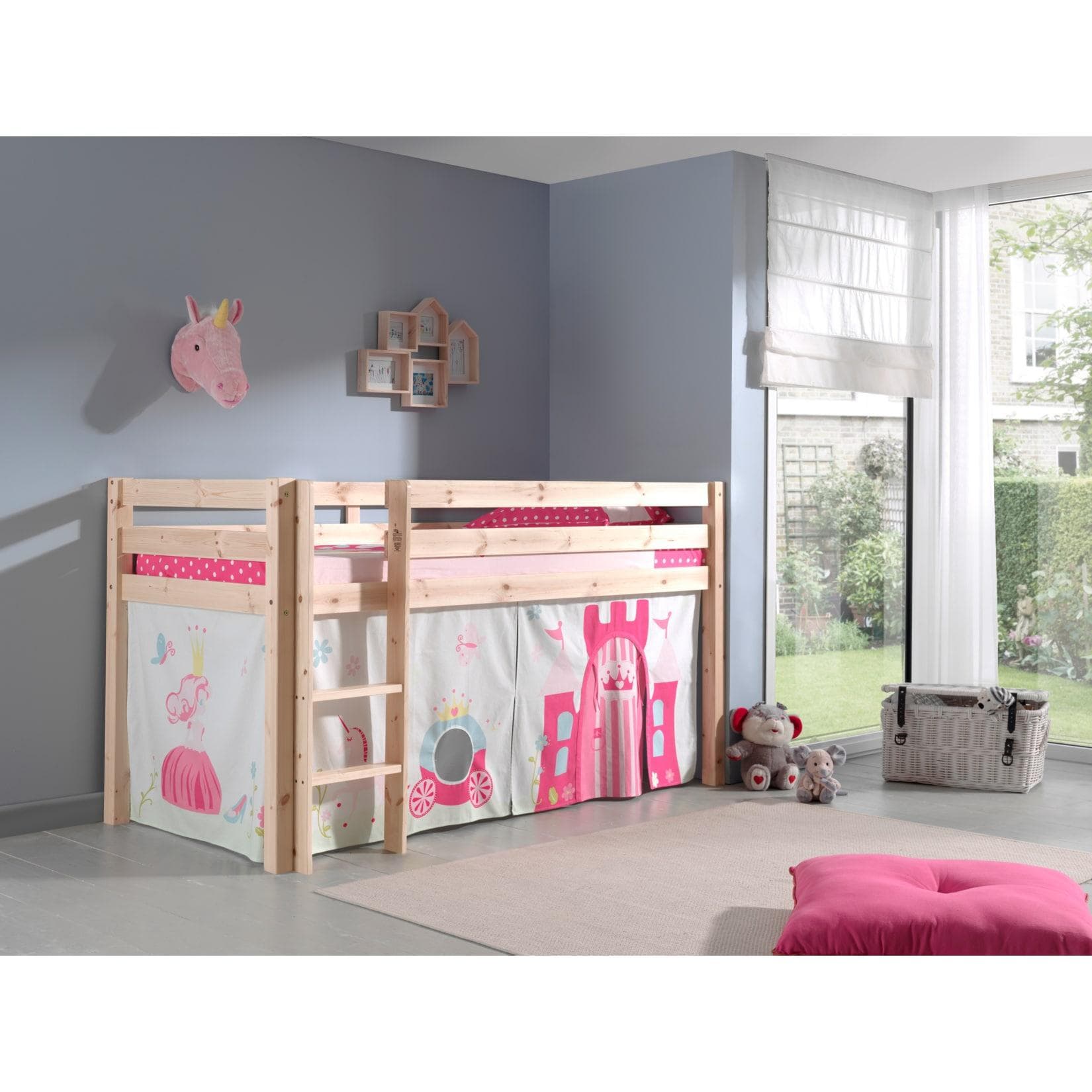 Vipack Spielbett Pino Kiefer massiv natur mit Vorhang Dessin Princes