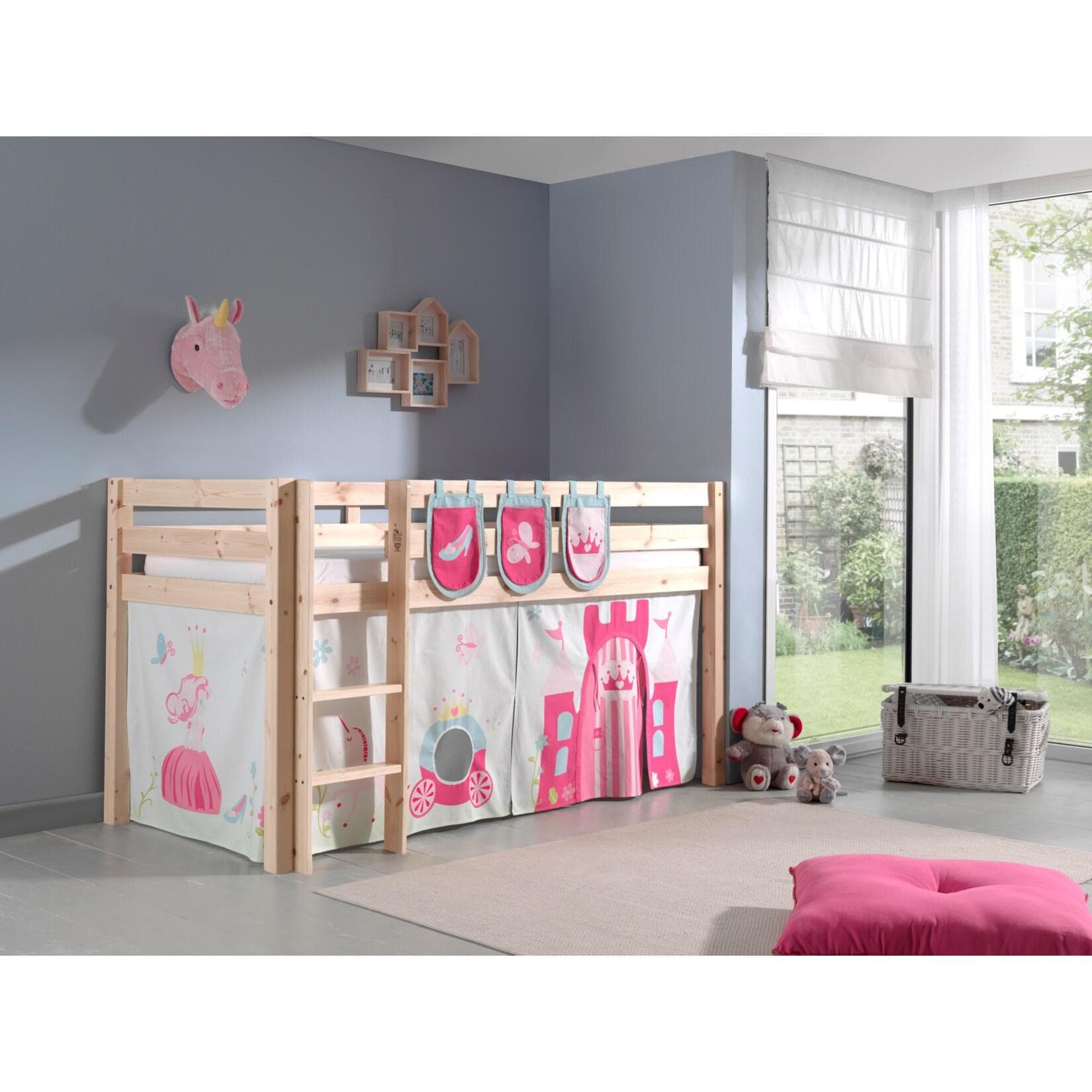 Vipack Spielbett Pino Kiefer massiv natur mit Vorhang und 3 Taschen