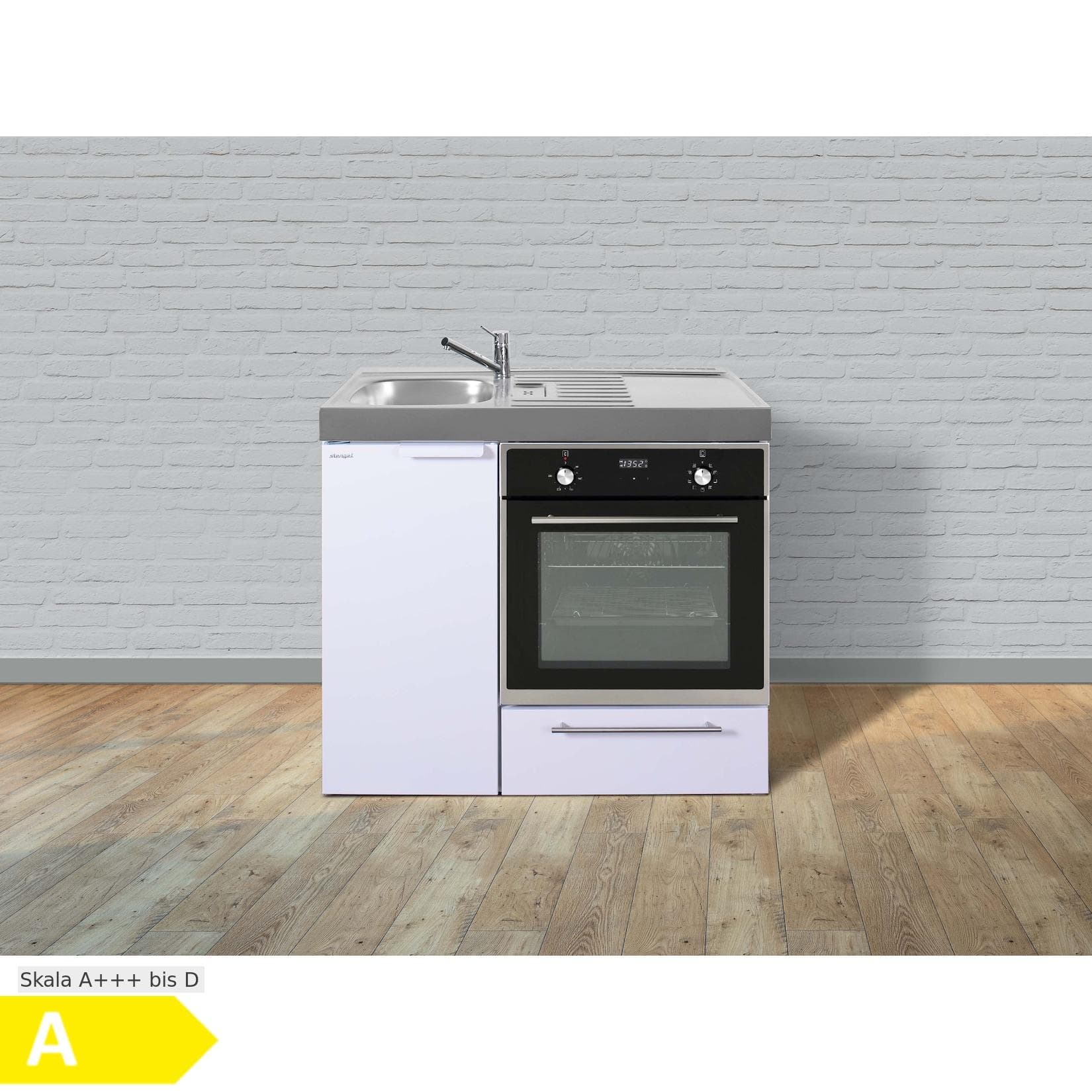 Stengel Küchen Kitchenline MKB 100 weiß Mini-Metall-Küche ohne Kochfeld links, Becken rechts