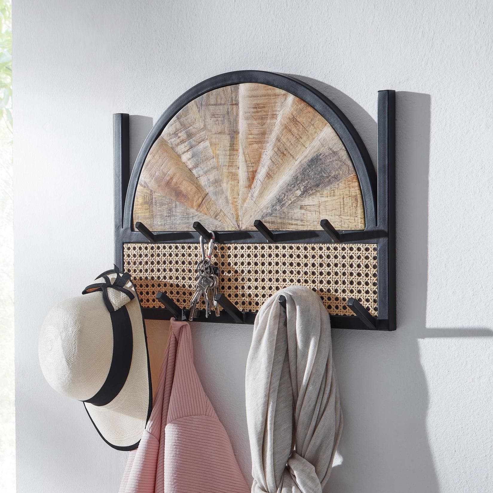 FineBuy Wandgarderobe Massivholz mit 9 Haken Wiener Geflecht