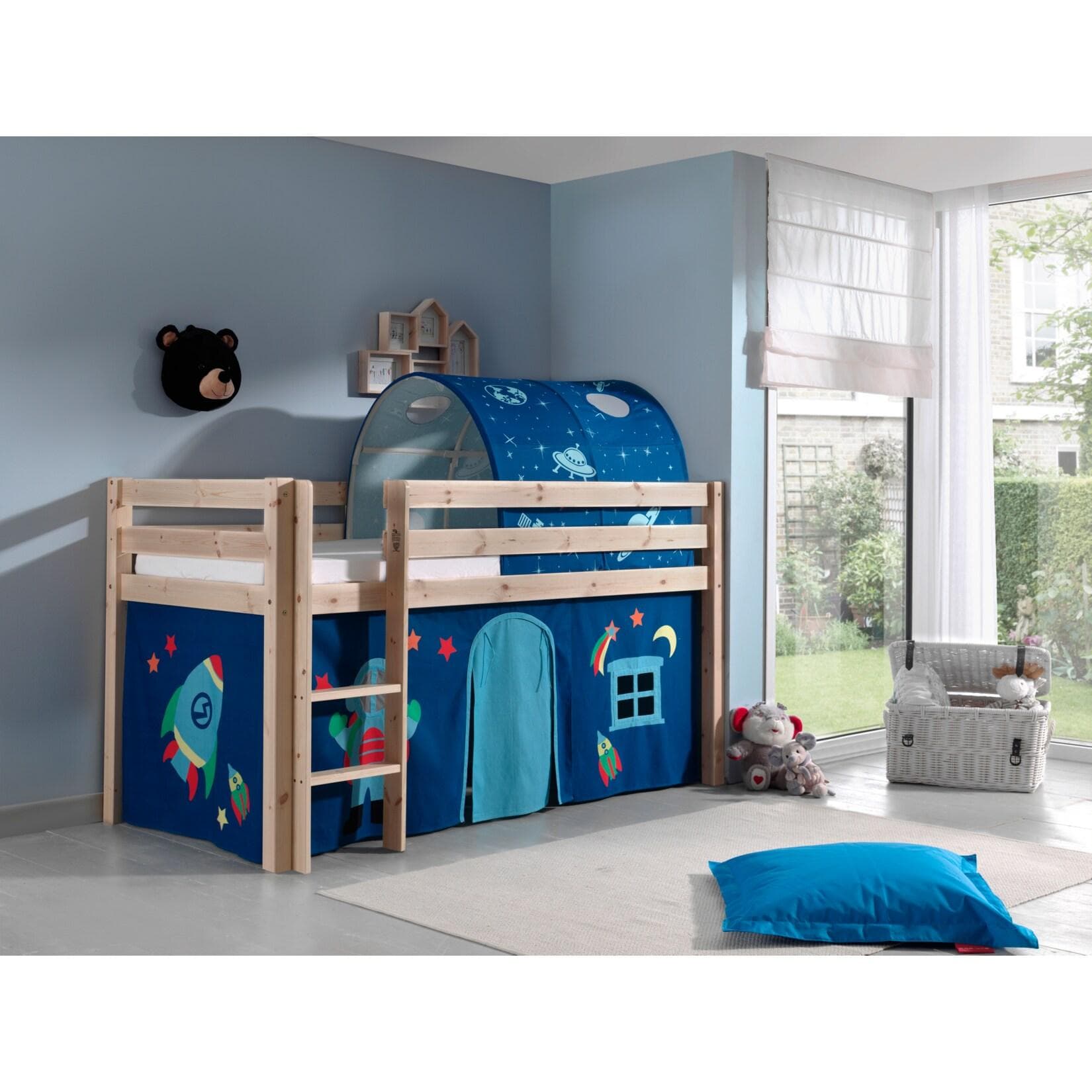 Vipack Spielbett Pino Kiefer massiv mit Vorhang und Tunnel - Dessin Astro