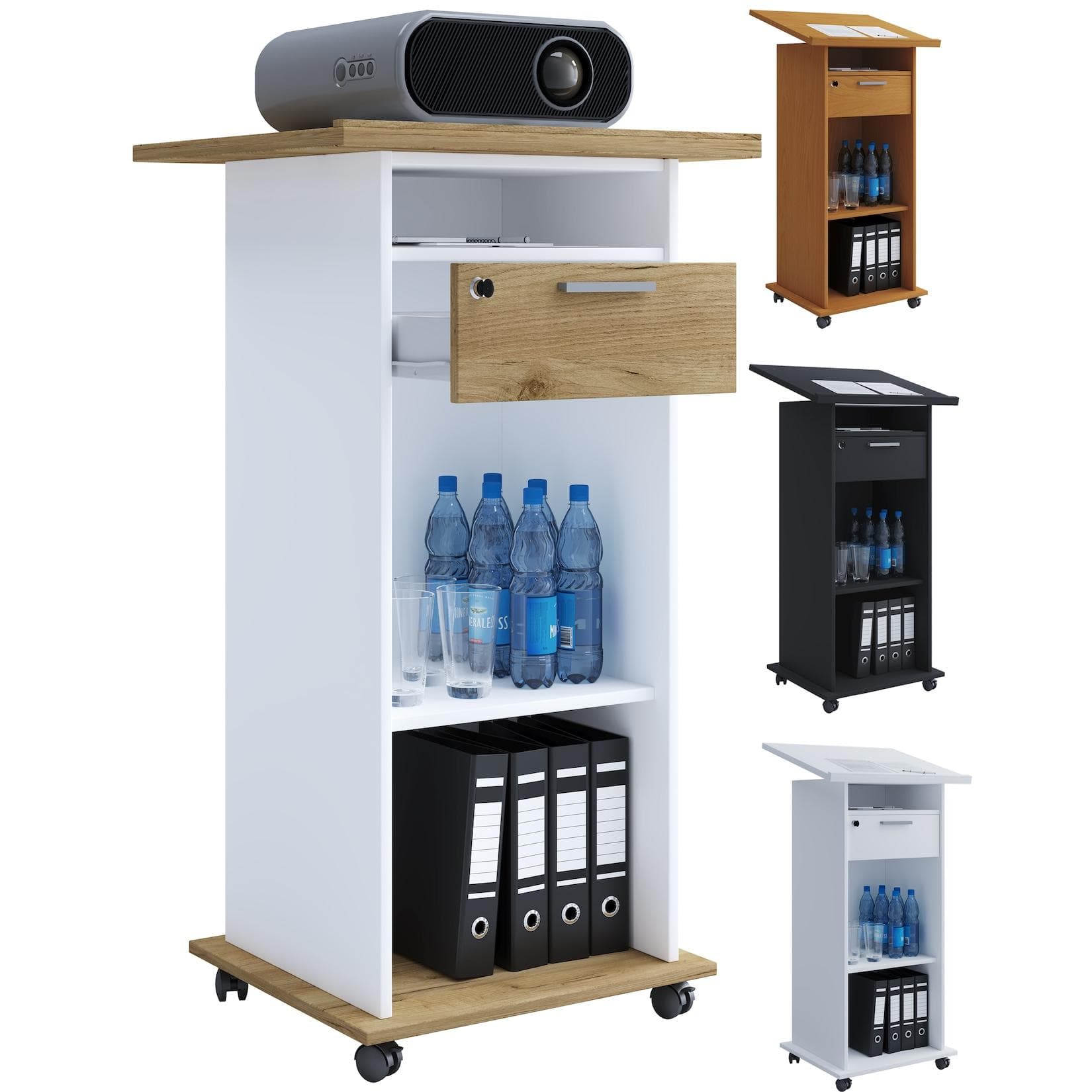 VCM Beamer-Stand Neta mit Rollen und Schublade Weiß/Honig-Eiche