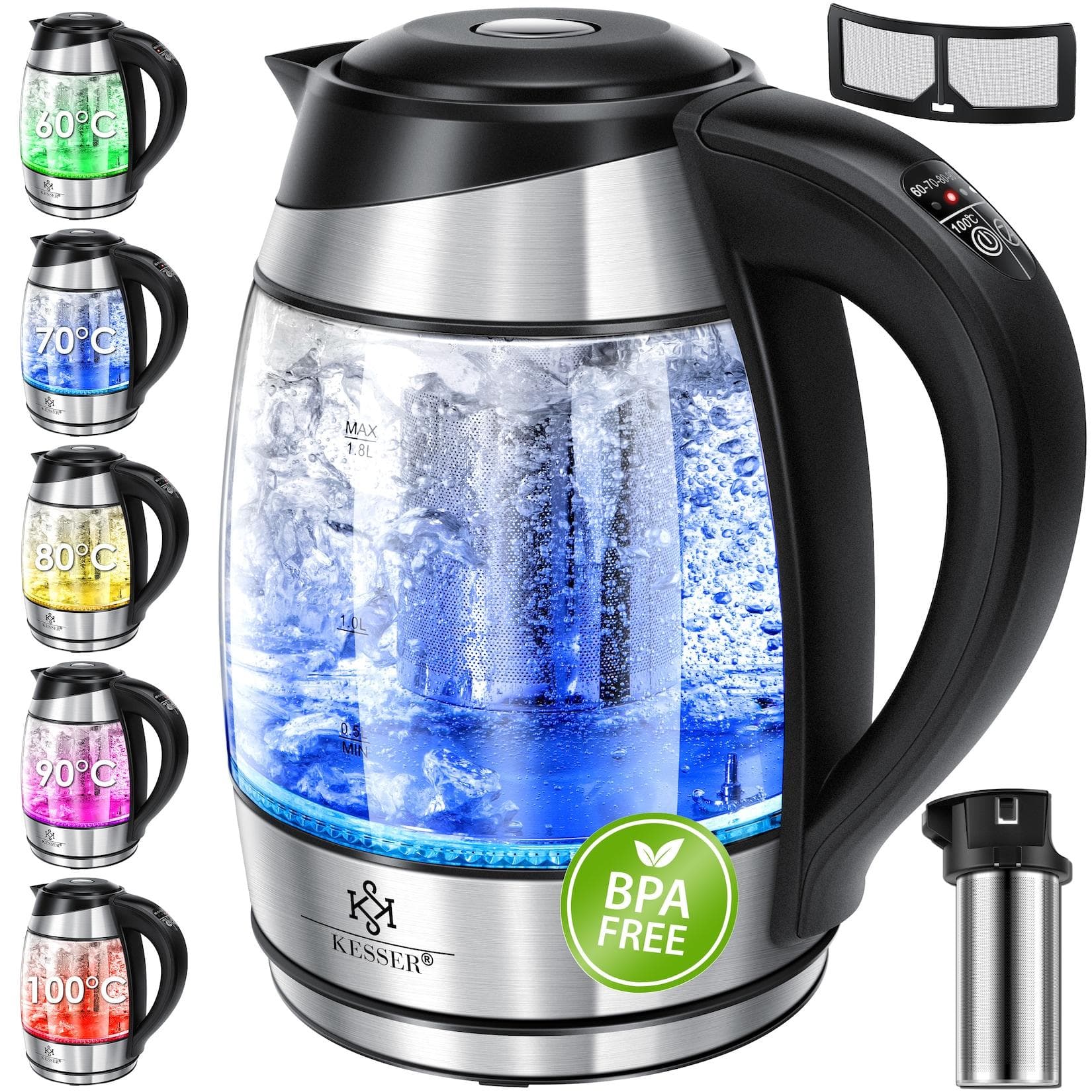 KESSER Wasserkocher 1,8L Edelstahl Glas 2200W mit Warmhaltefunktion