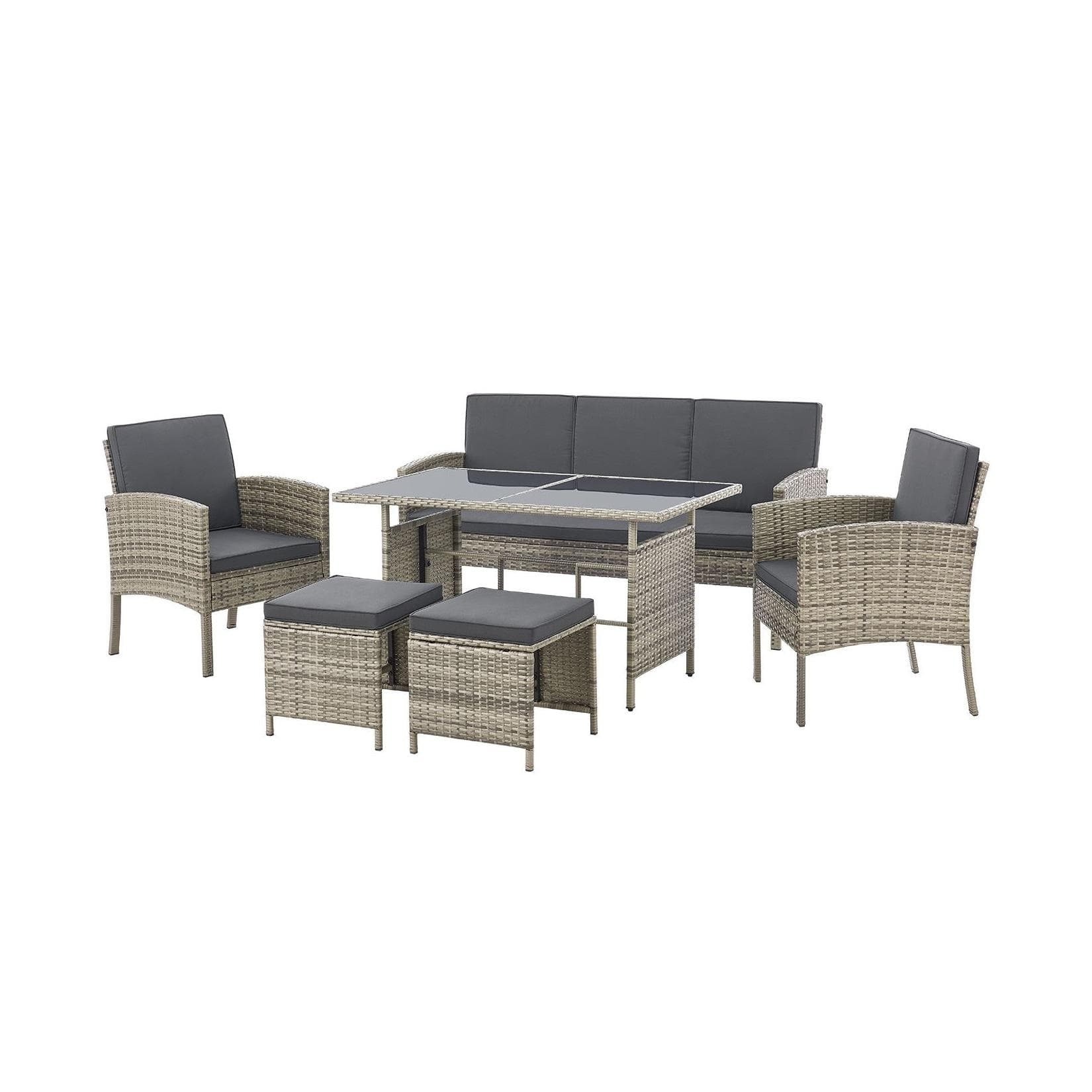 Juskys Gartenlounge-Set Turin 7-tlg. Grau-Meliert Polyrattan mit Glasplatte