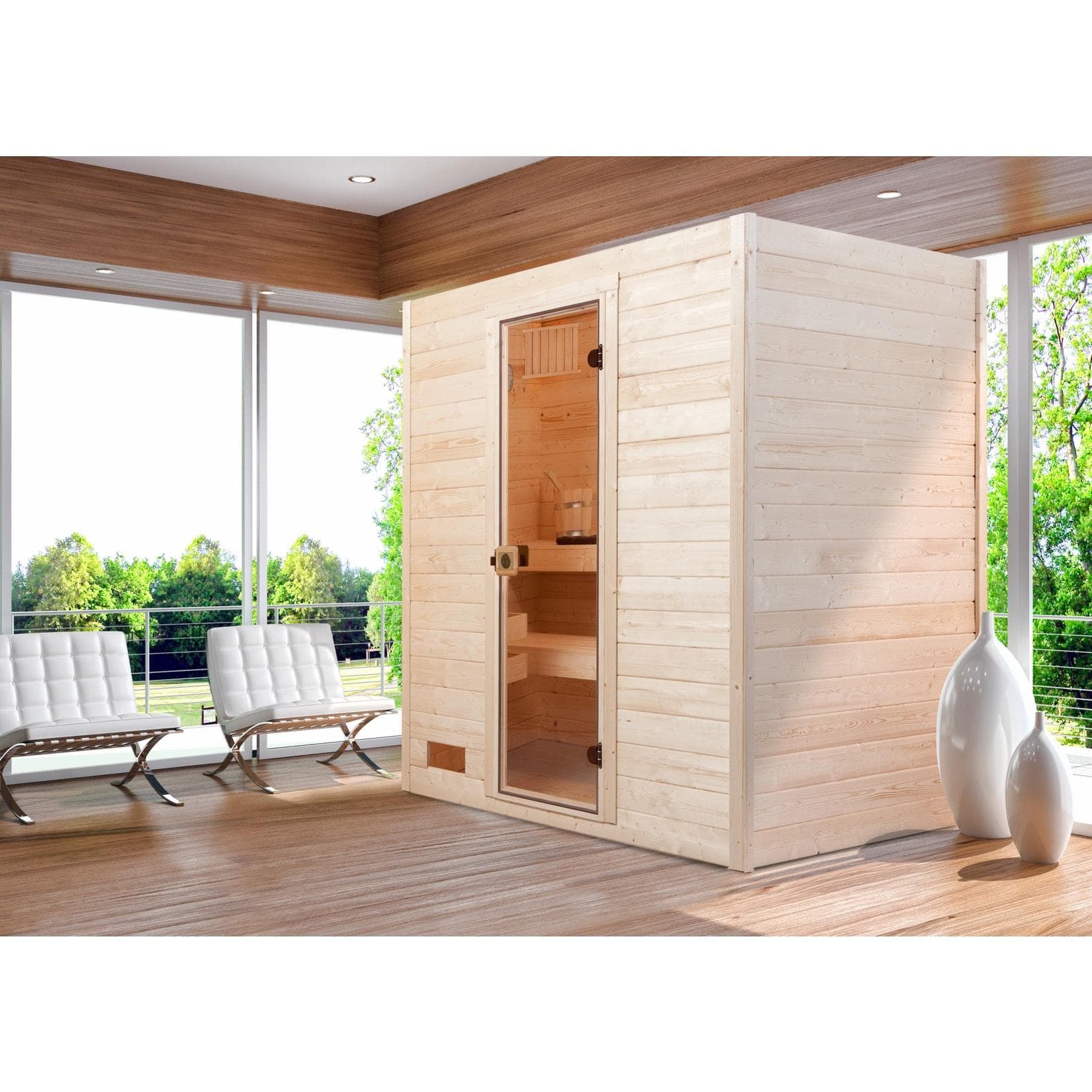 Moderne Sauna aus Fichtenholz und Sicherheitsglas