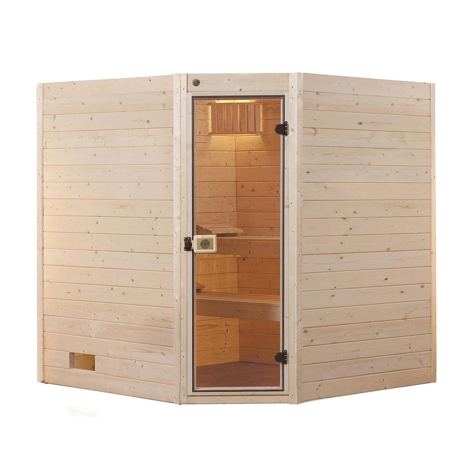 Weka Massivholz-Sauna VALIDA Eck Gr. 3 Sparset 9,0 kW mit integrierter Steuerung und Glastür