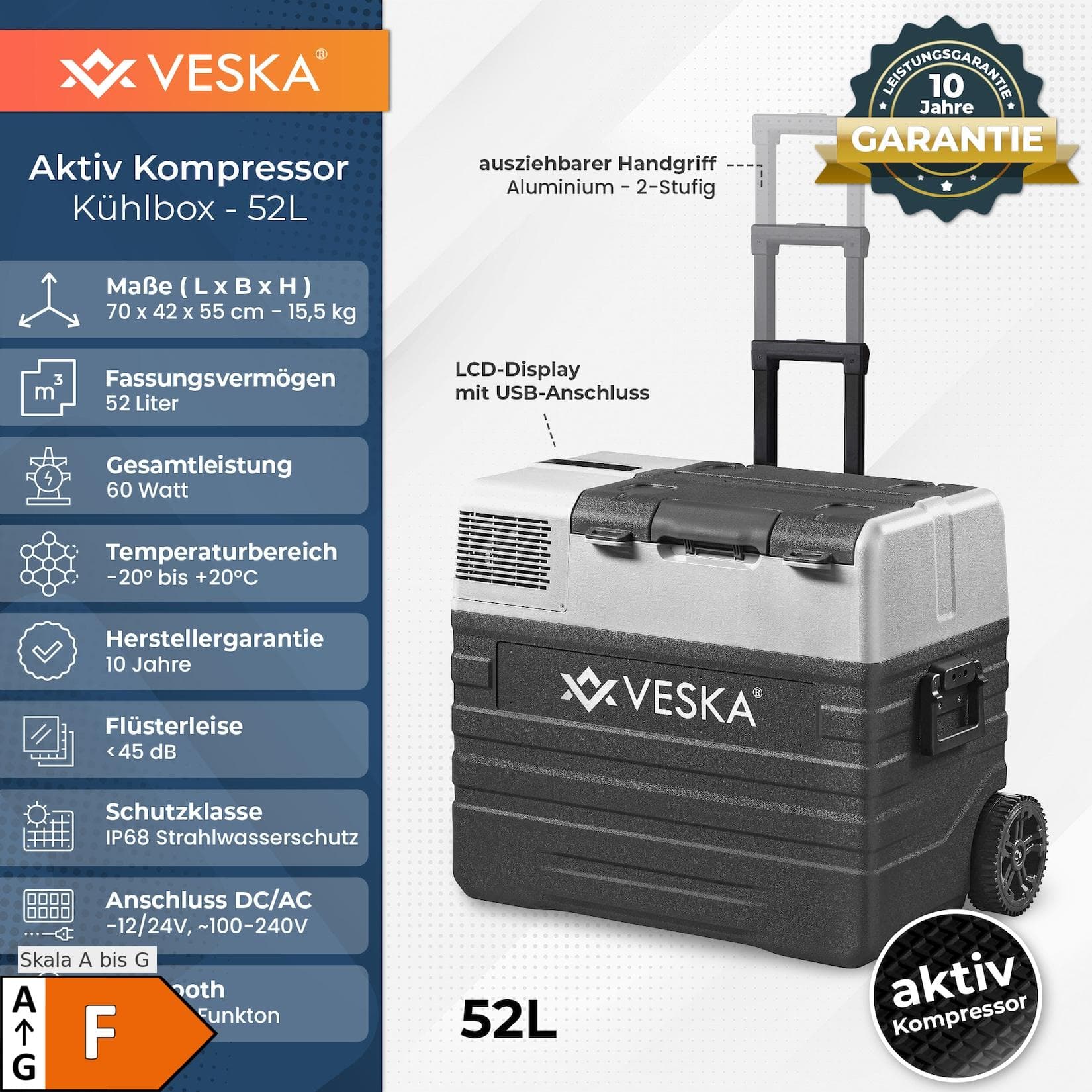 VESKA Kompressor Kühlbox 52l elektrisch mit APP-Steuerung Anthrazit