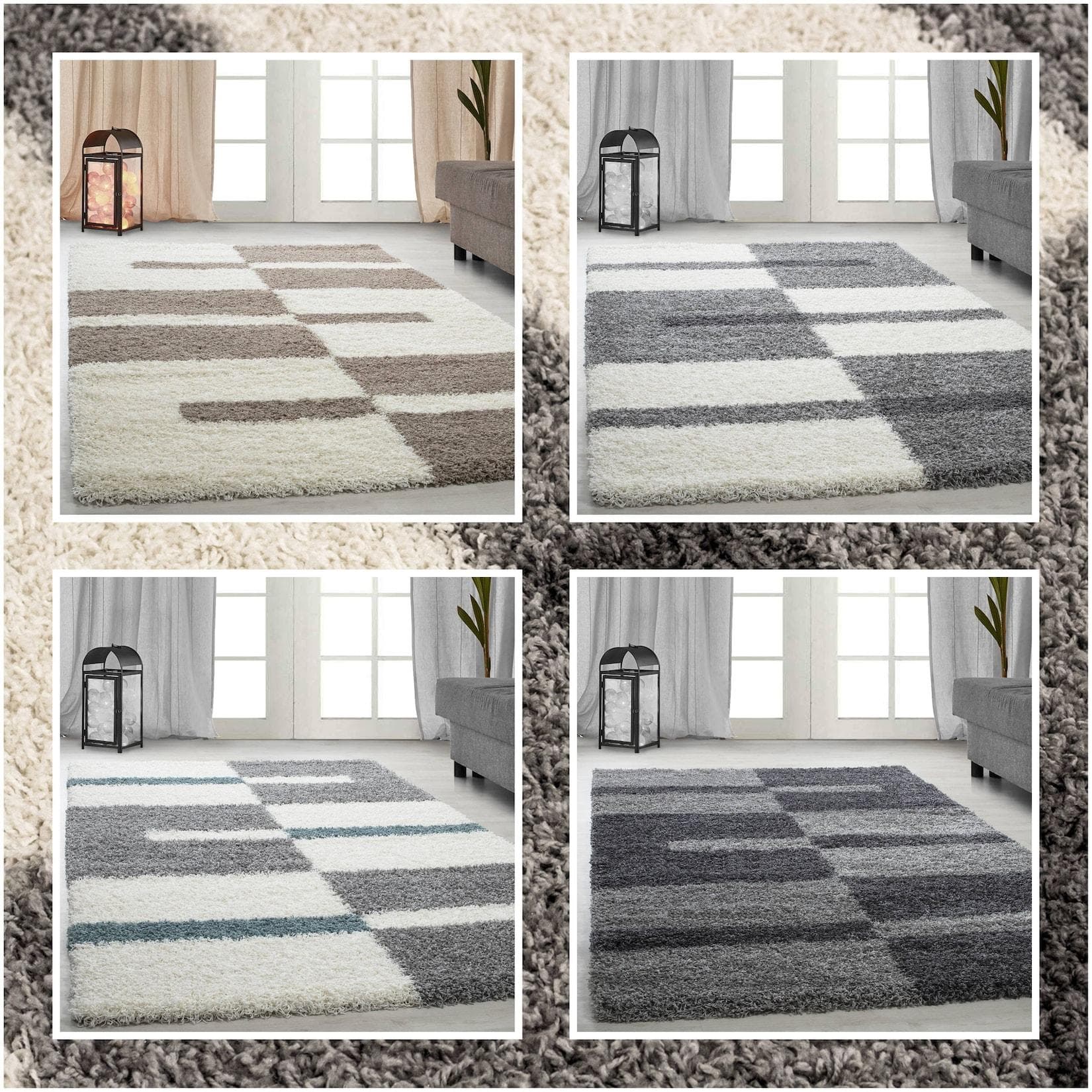 Ayyildiz Designer Hochflor Teppich Karo- und Linienmuster Flauschig