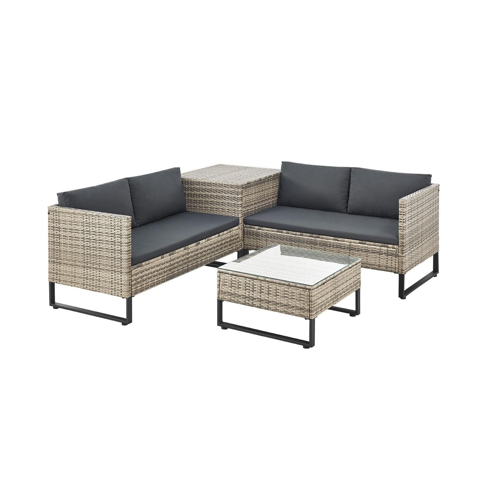 Juskys Gartenlounge-Set Santorini 4-tlg. Grau Polyrattan mit Auflagenbox