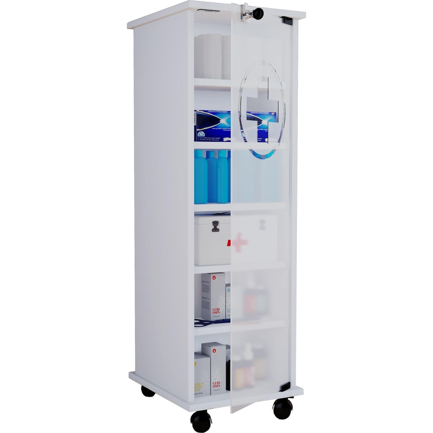 VCM Medizinschrank Nilusa Weiß mit Glastüren und Rollen