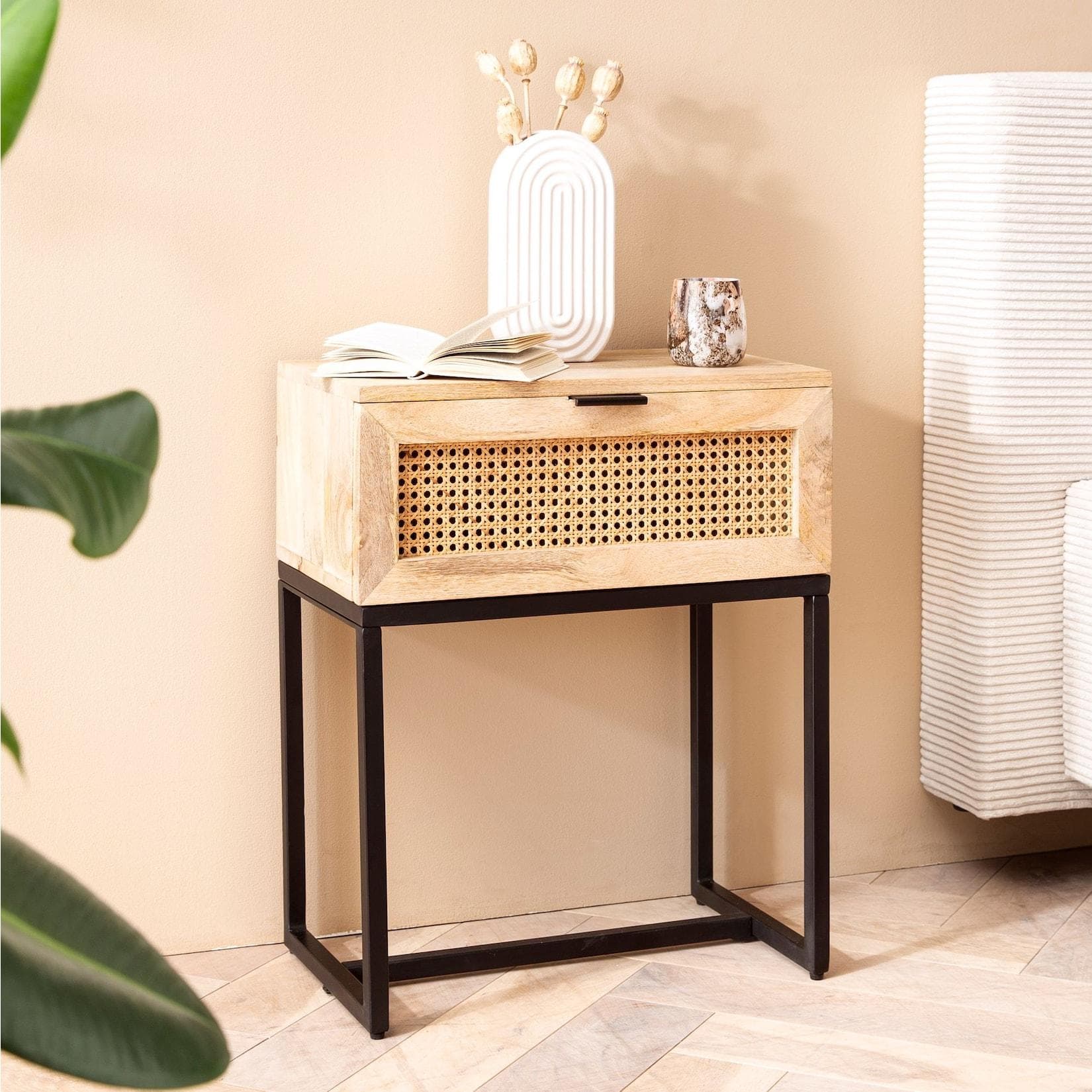 FineBuy Nachtkonsole Massivholz Rattan Schublade Modernes Design