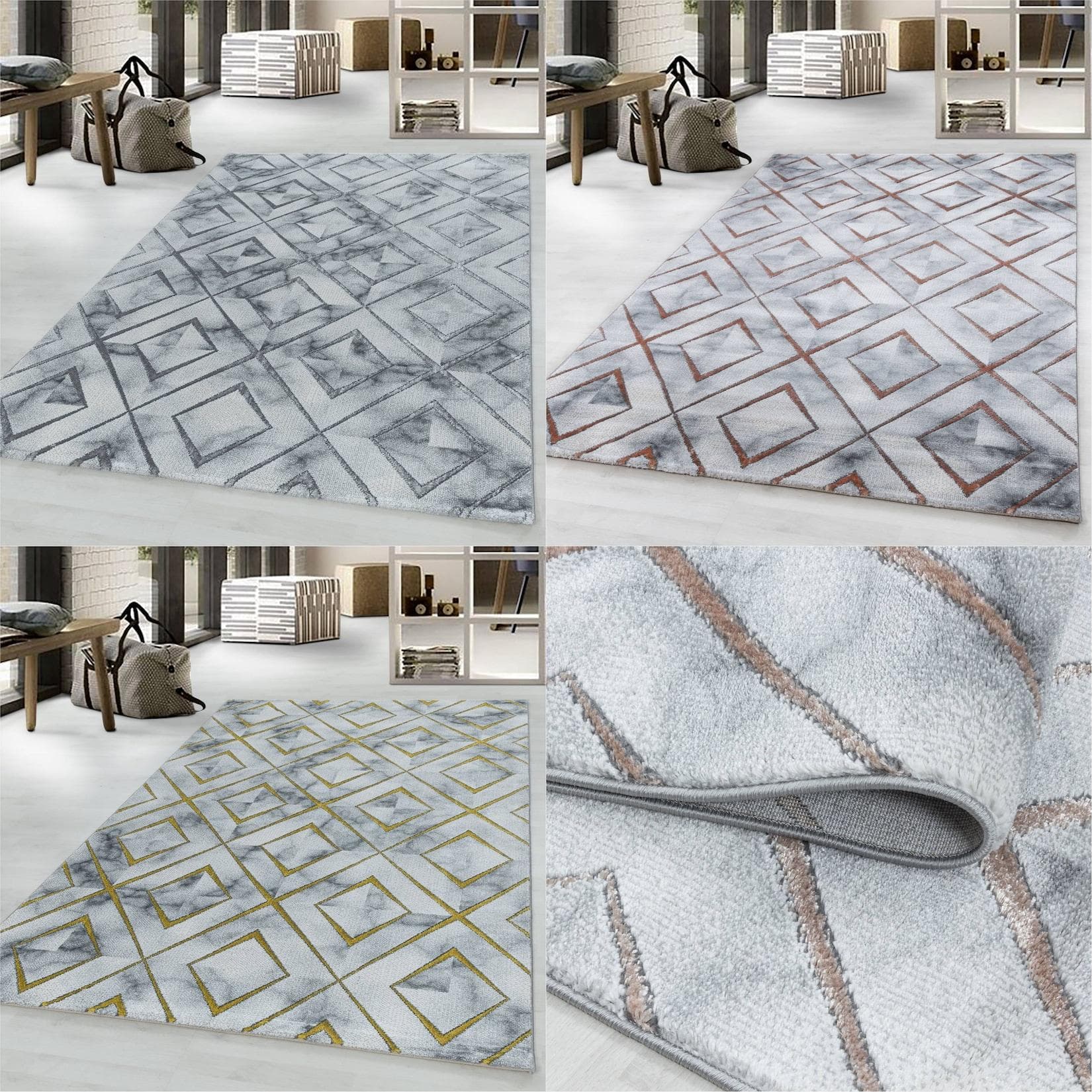 Ayyildiz Modern Designer Teppich Kurzflor Rauten Marmor Optik Rechteckig