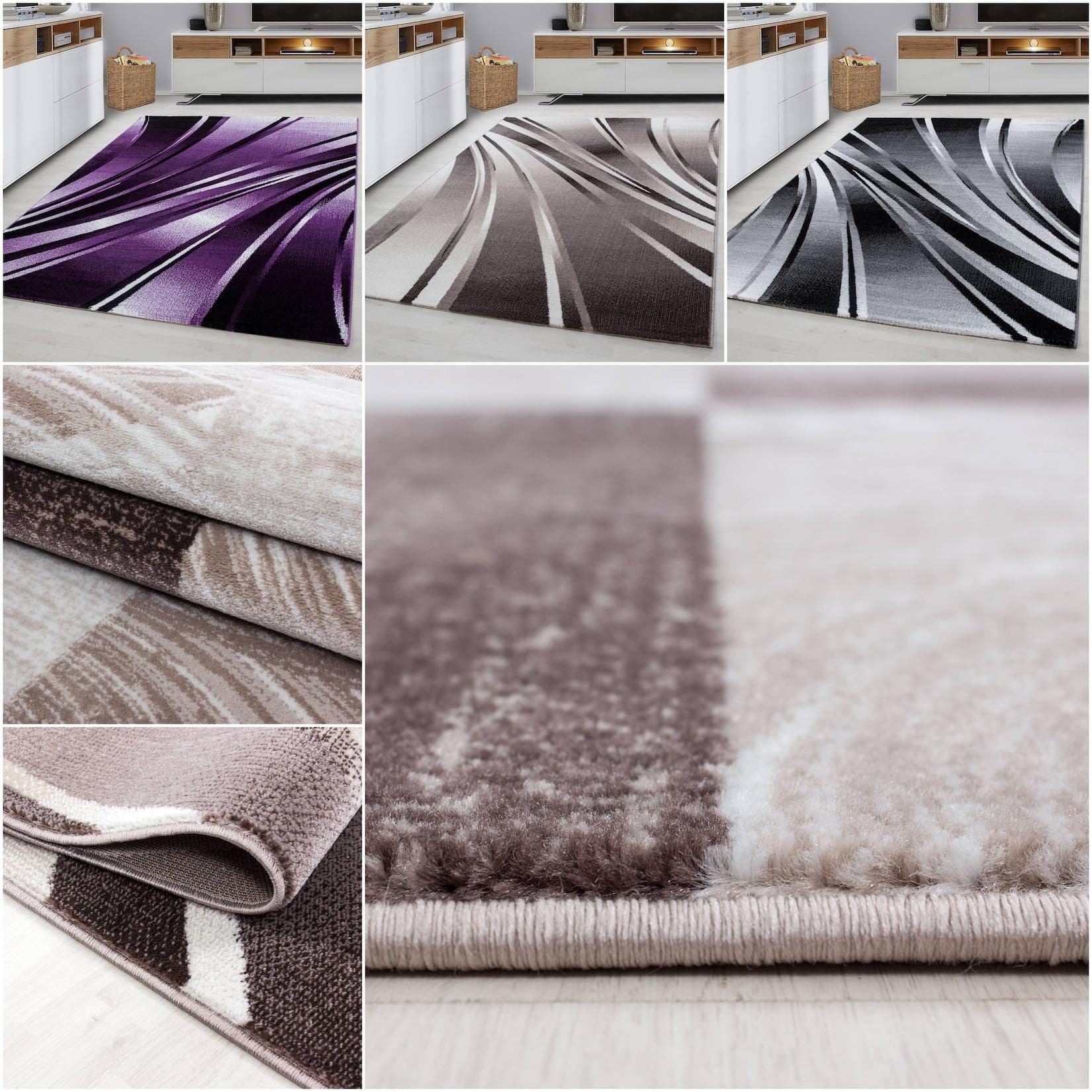 Ayyildiz Designer-Kurzflorteppich Abstraktes Wellenmuster Rechteckig Schwarz/Lila