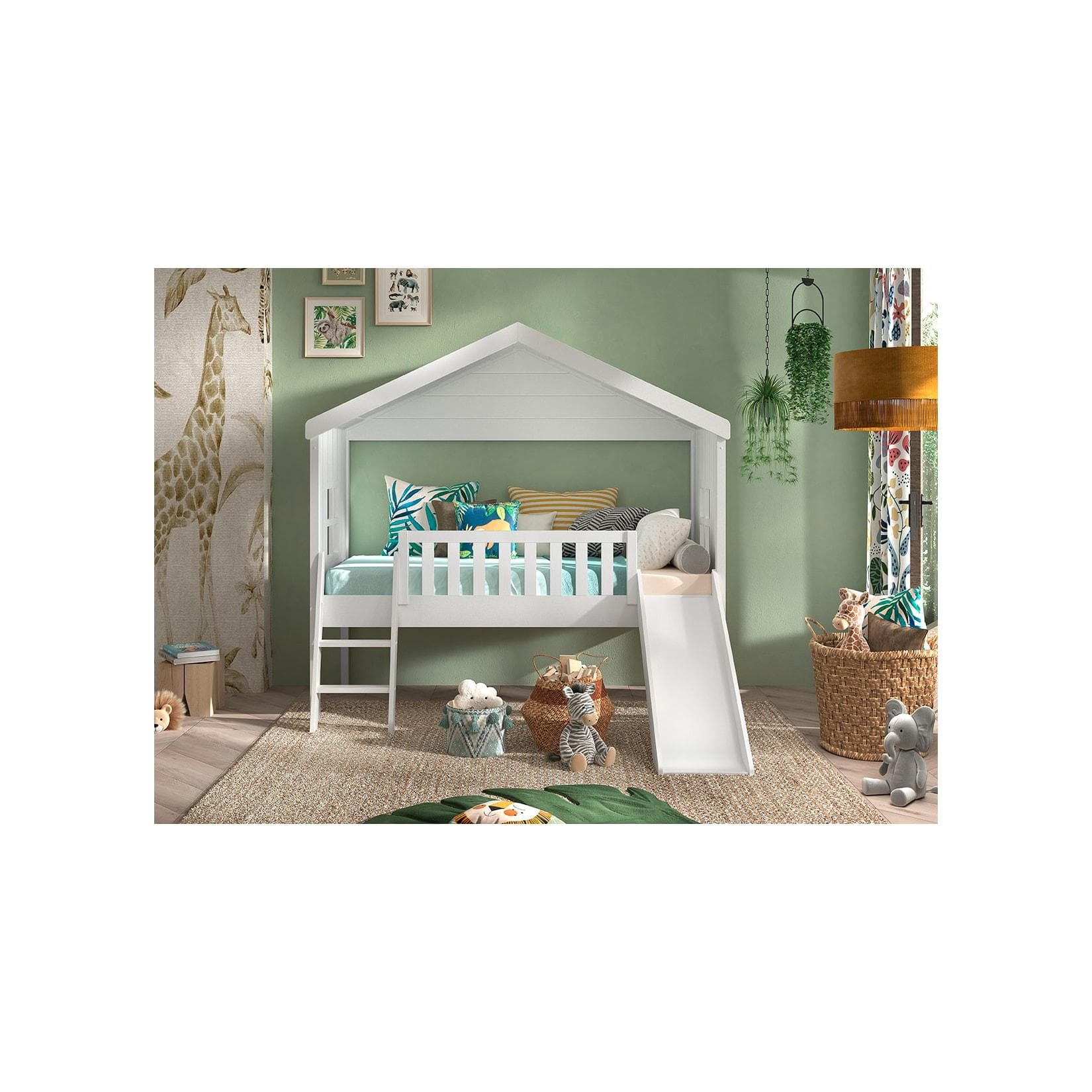 VIPACK Hausbett Kiefer Weiß mit Leiter und Rutsche