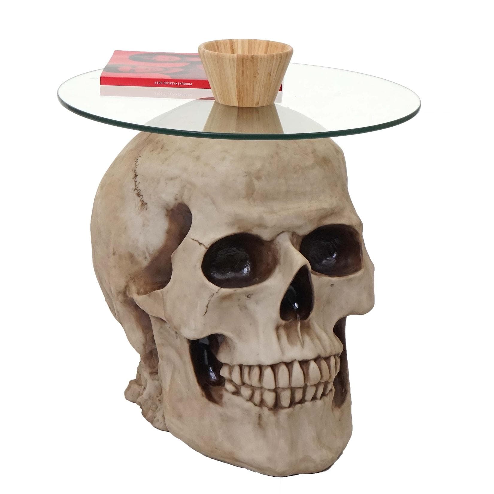 Beistelltisch Totenkopf MCW-A19 Glastisch Polyresin rund Ø55cm natur