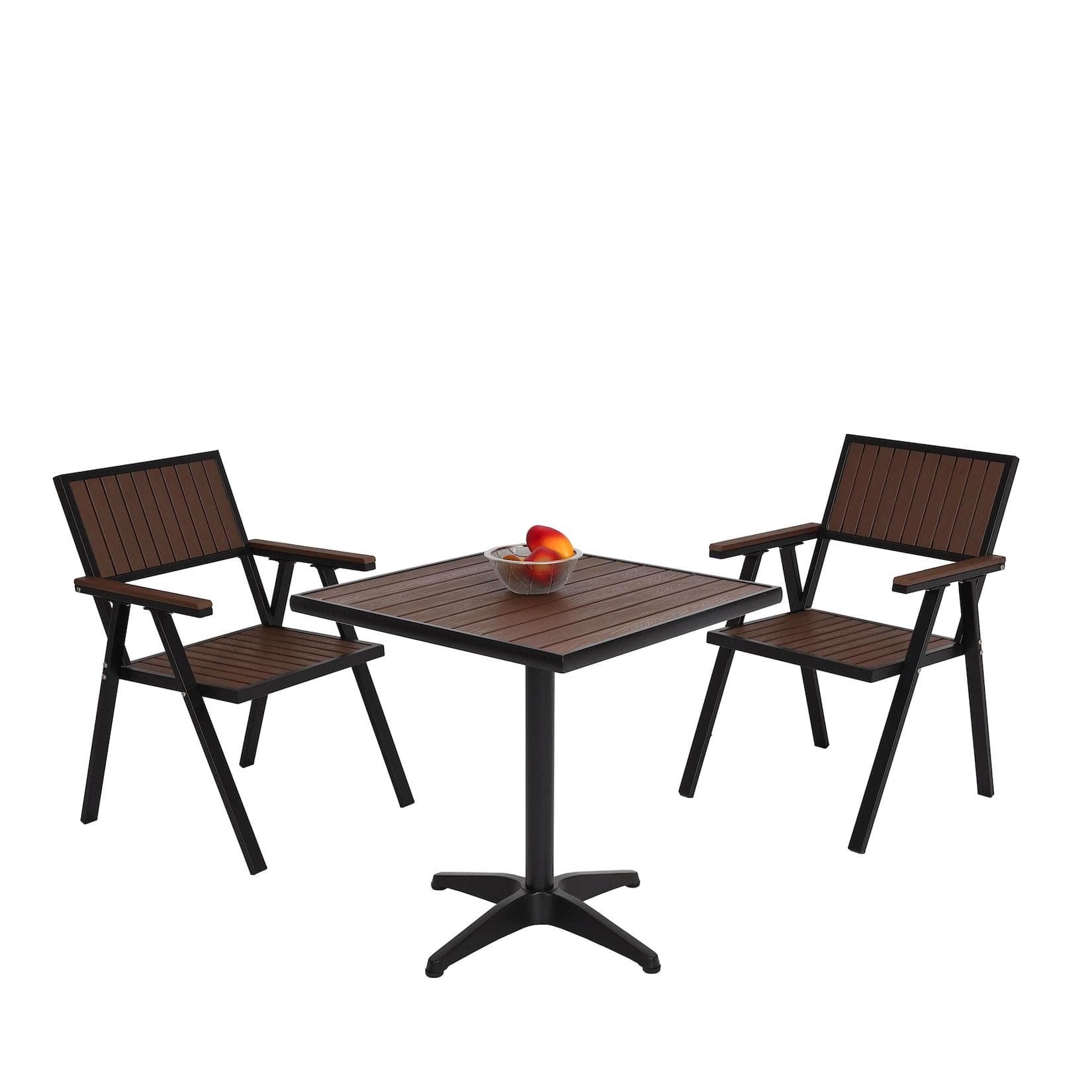 MCW 2er-Set Gartenstuhl+Gartentisch Alu-Holzoptik Schwarz/Dunkelbraun