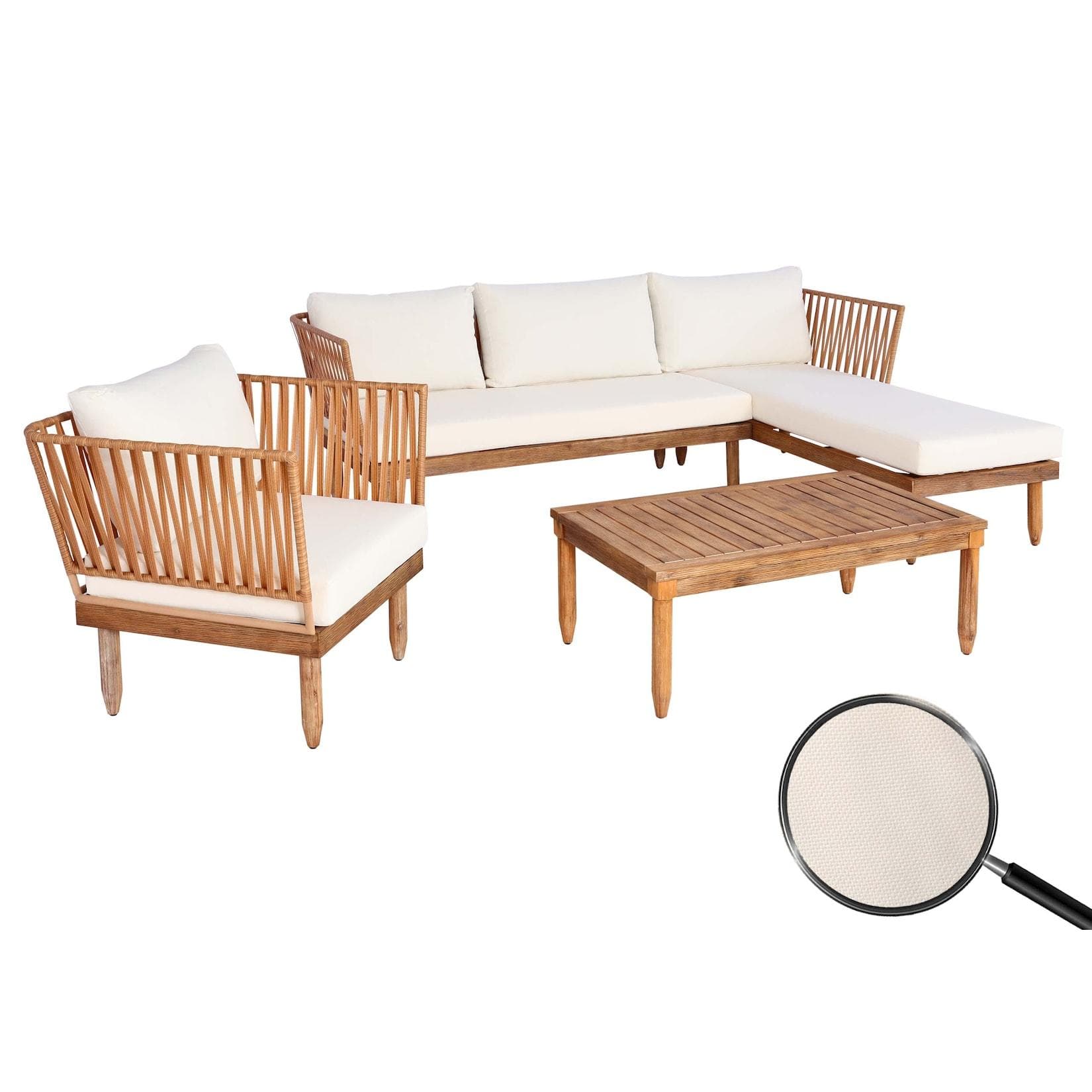 MCW Garten-Garnitur MCW-L29 Lounge-Set Sofa Akazie Creme-Weiß
