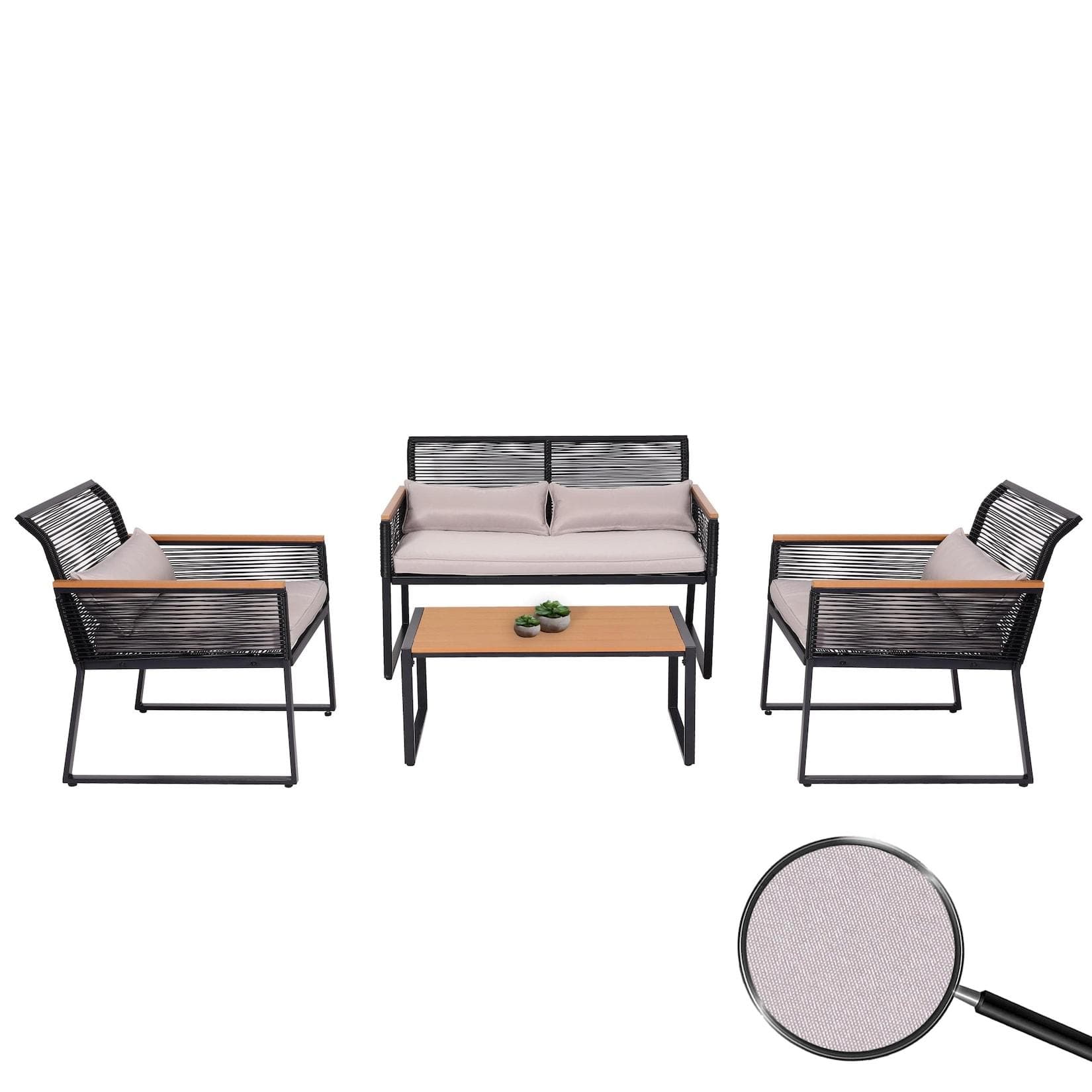 Garten-Garnitur MCW-K42, Lounge-Set mit Seilgeflecht & Holzoptik
