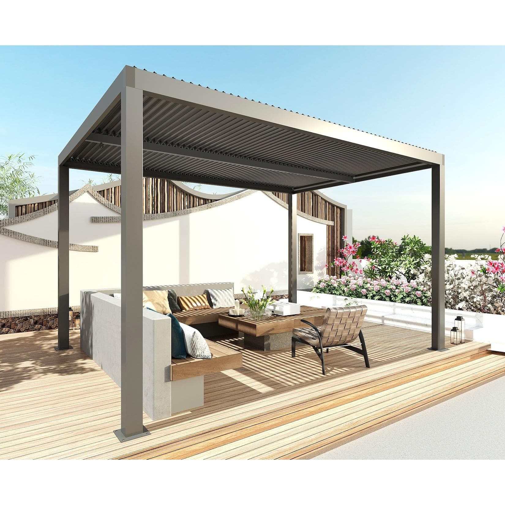 Pergola MCW-L46 Gartenpavillon Lamellen-Pavillon 10cm Aluminium-Gestell Regenrinne sturmfest 3x3m Anthrazit